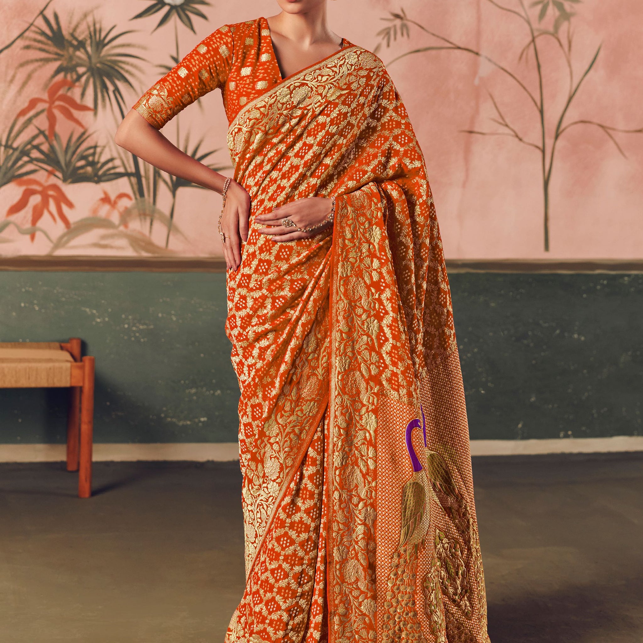 Adorable Orange Zari Weaving Work Silk Festive Wear Saree With Blouse