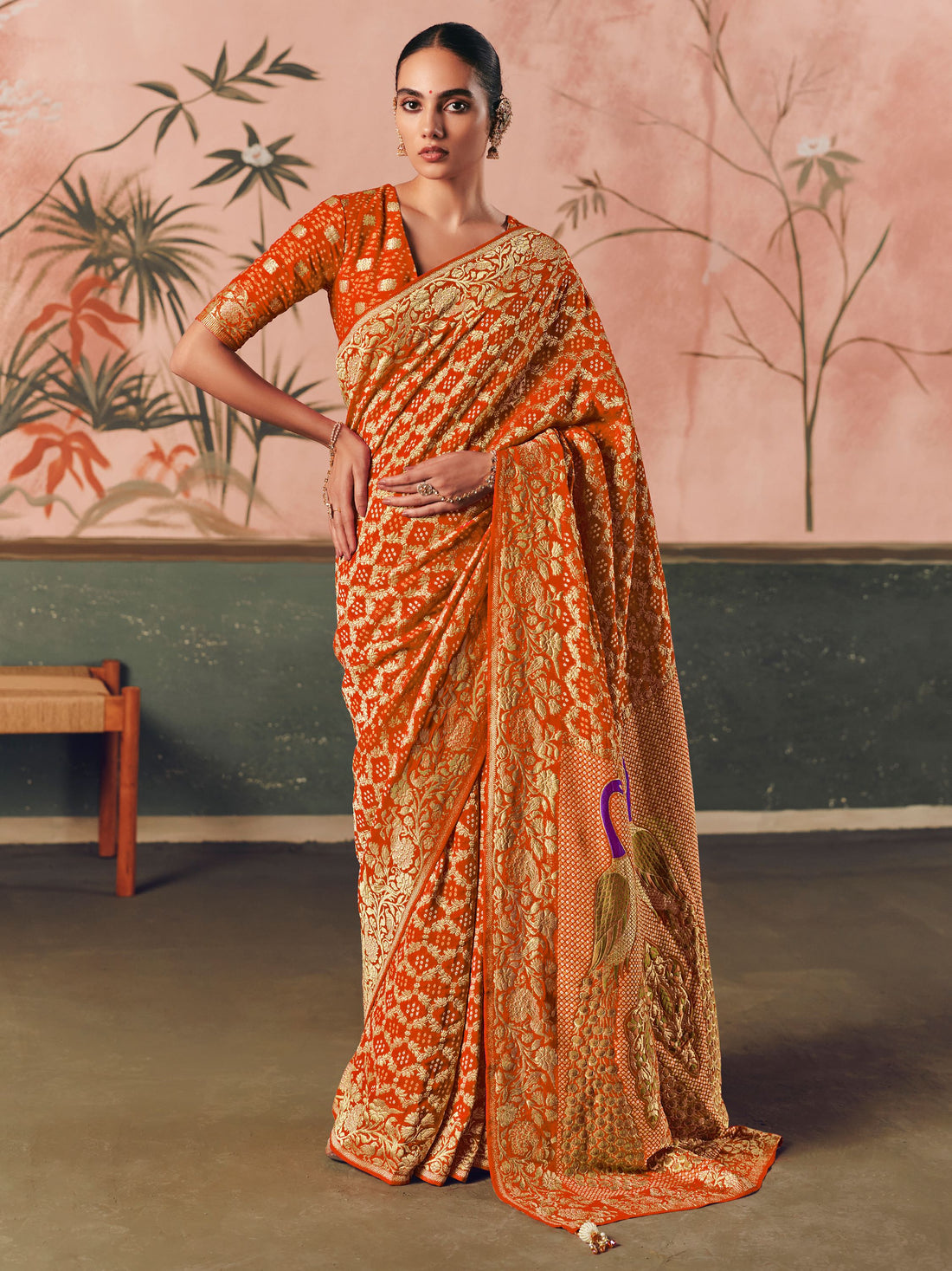 Adorable Orange Zari Weaving Work Silk Festive Wear Saree With Blouse