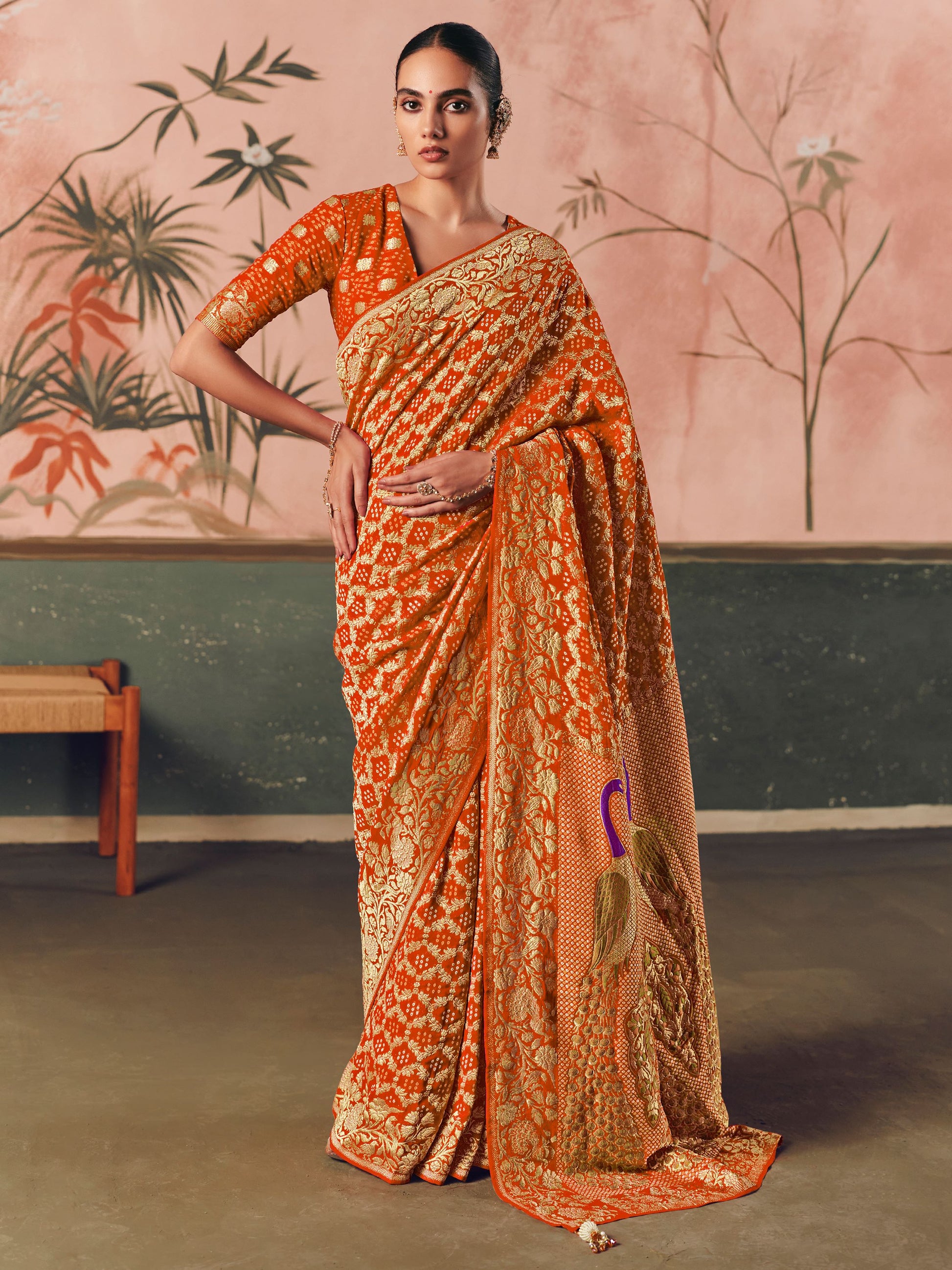 Adorable Orange Zari Weaving Work Silk Festive Wear Saree With Blouse