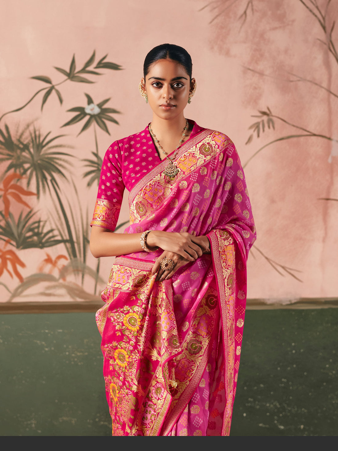 Precious Hot Pink Zari Weaving Silk Evening Wear Saree With Blouse