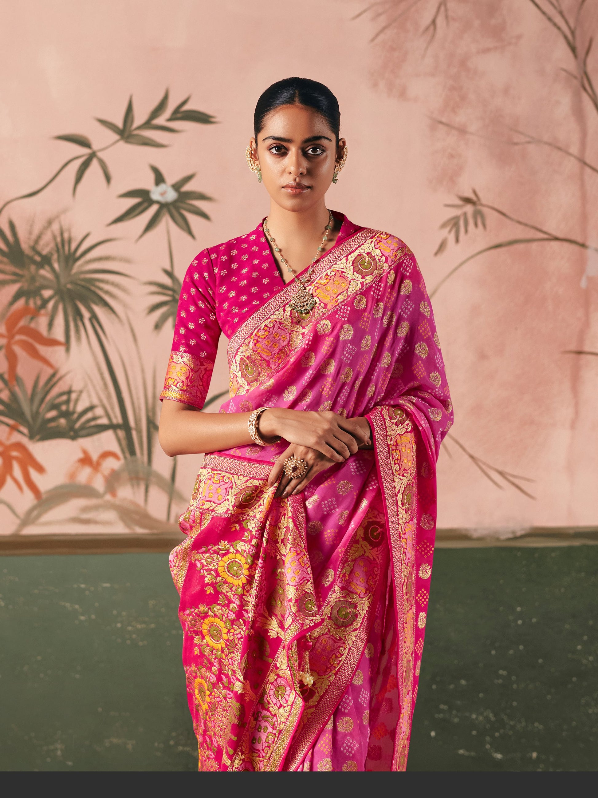 Precious Hot Pink Zari Weaving Silk Evening Wear Saree With Blouse