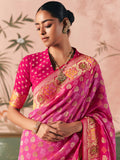 Precious Hot Pink Zari Weaving Silk Evening Wear Saree With Blouse