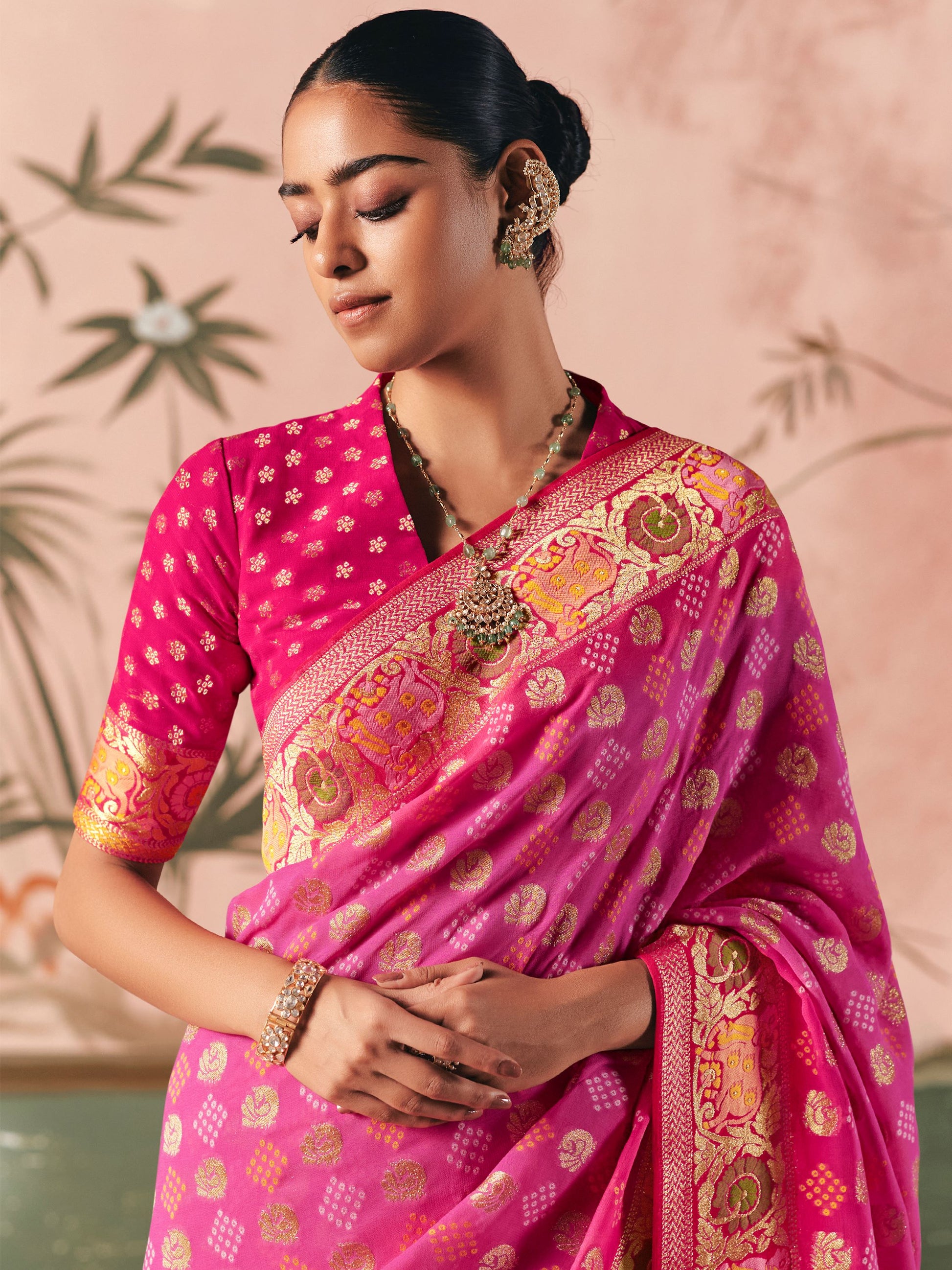 Precious Hot Pink Zari Weaving Silk Evening Wear Saree With Blouse