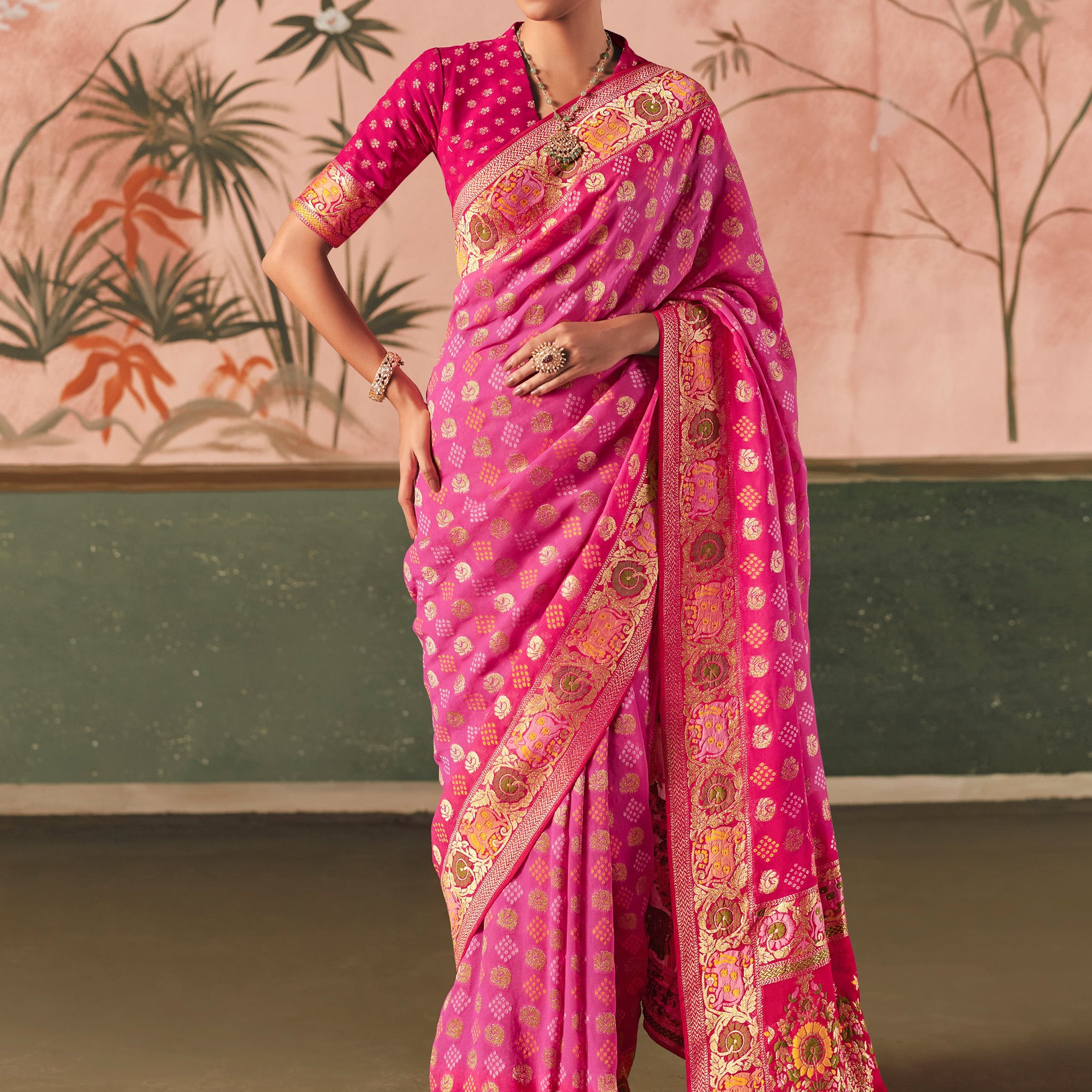 Precious Hot Pink Zari Weaving Silk Evening Wear Saree With Blouse