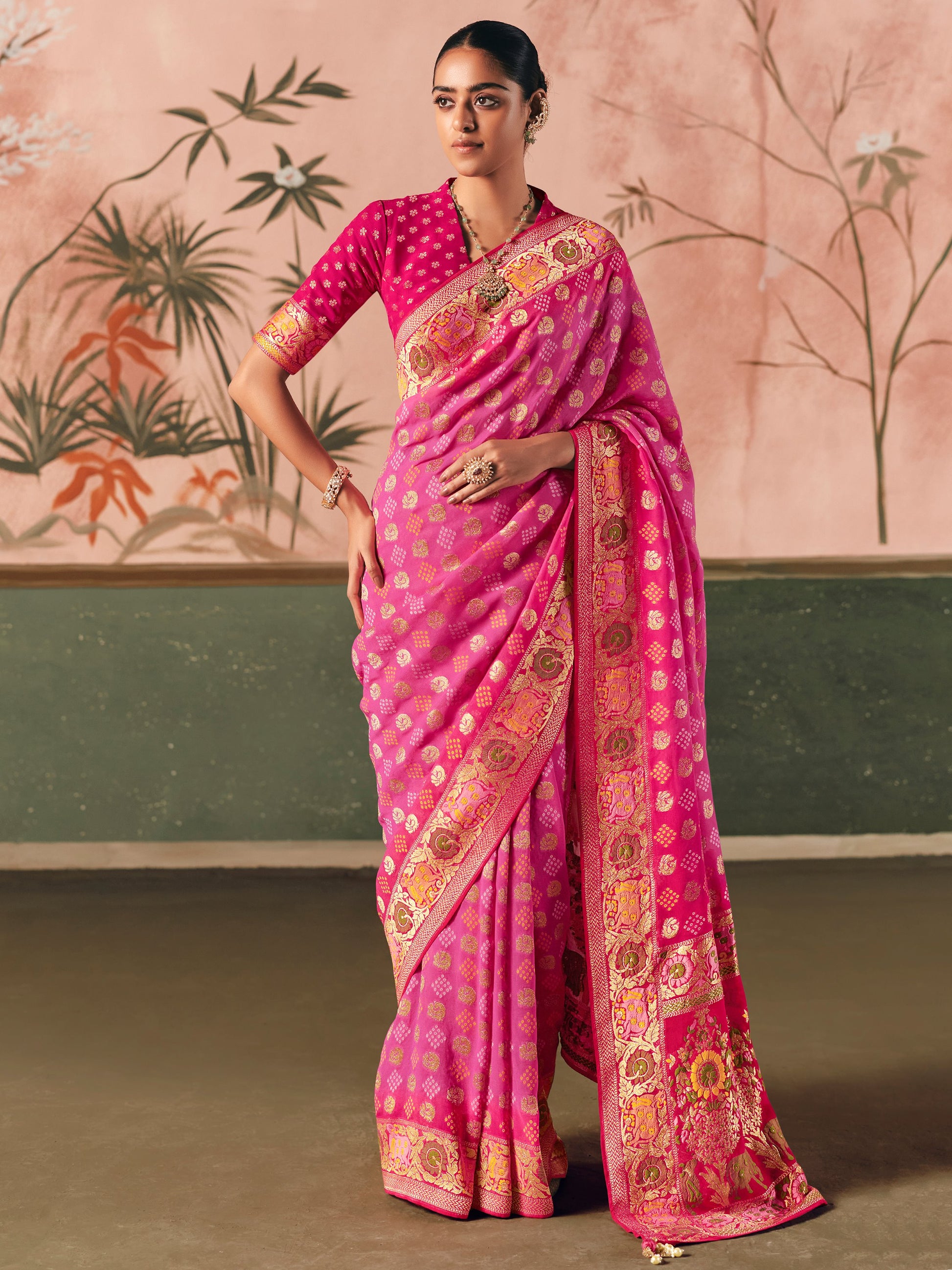 Precious Hot Pink Zari Weaving Silk Evening Wear Saree With Blouse