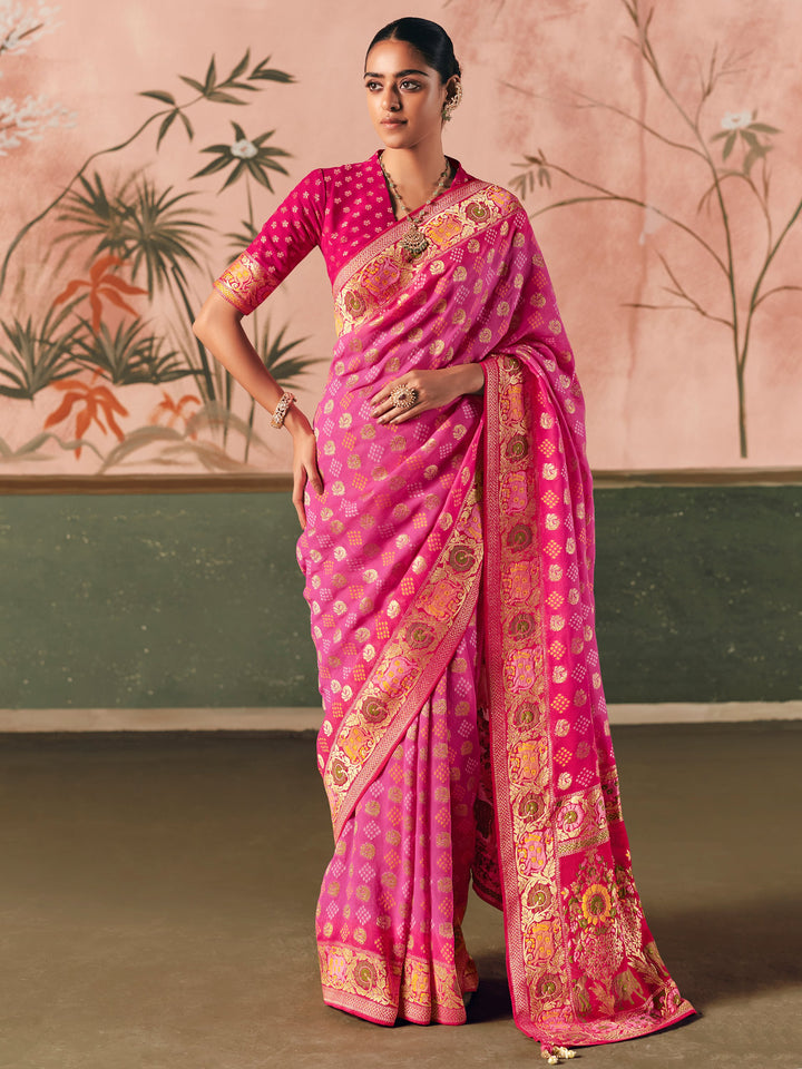 Precious Hot Pink Zari Weaving Silk Evening Wear Saree With Blouse