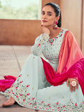 Alluring Sky Blue Embroidered Georgette Readymade Palazzo Suit