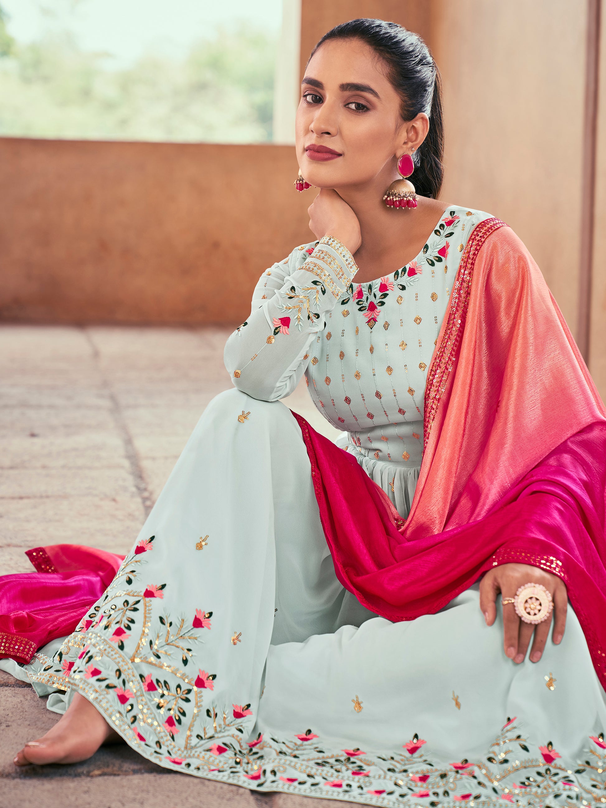 Alluring Sky Blue Embroidered Georgette Readymade Palazzo Suit