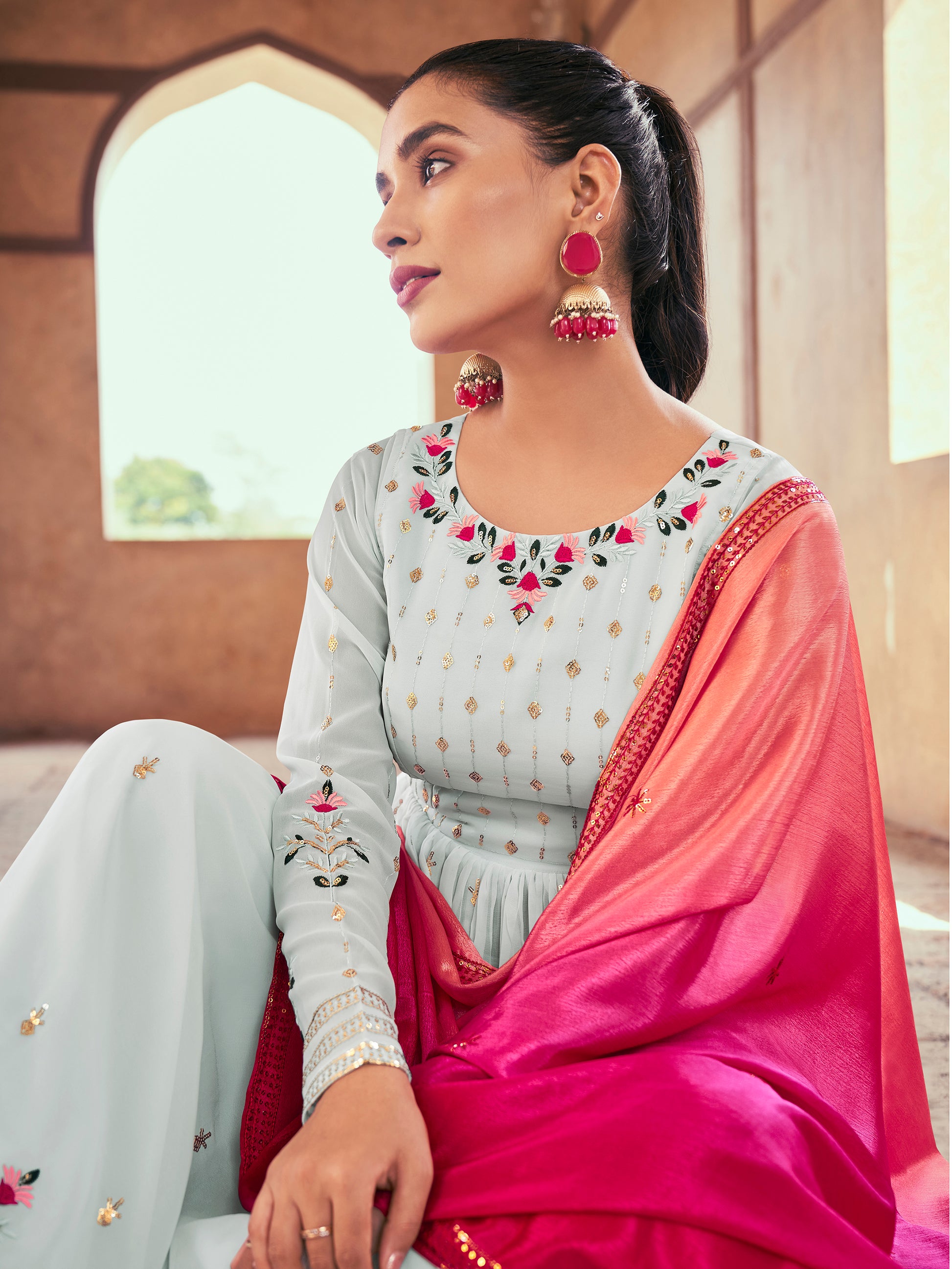 Alluring Sky Blue Embroidered Georgette Readymade Palazzo Suit