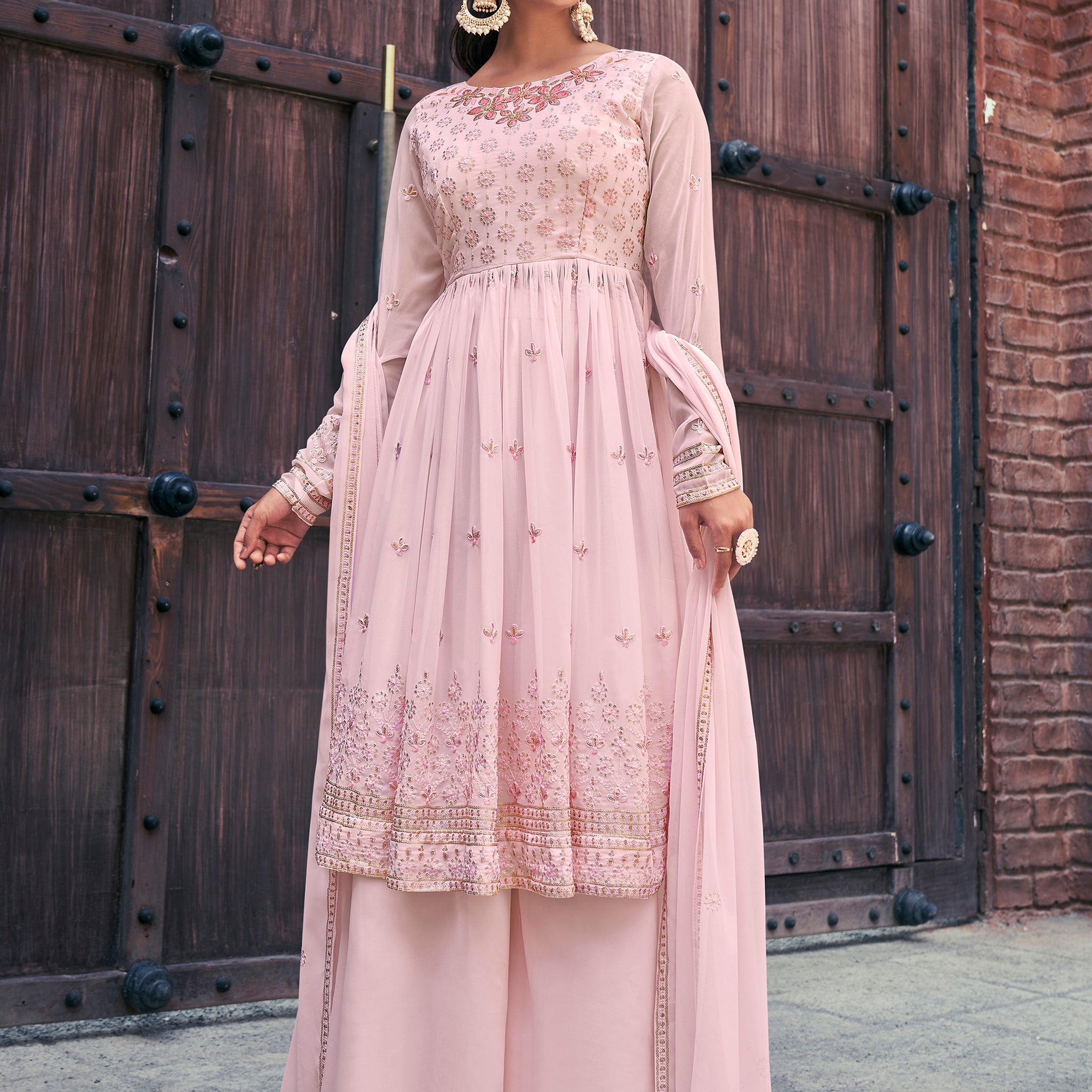Pretty Baby Pink Embroidered Georgette Readymade Palazzo Suit