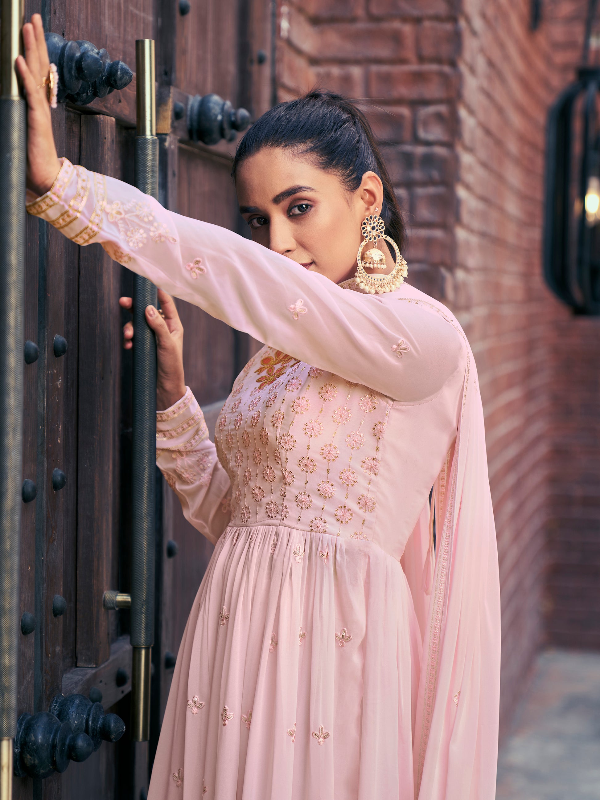 Pretty Baby Pink Embroidered Georgette Readymade Palazzo Suit