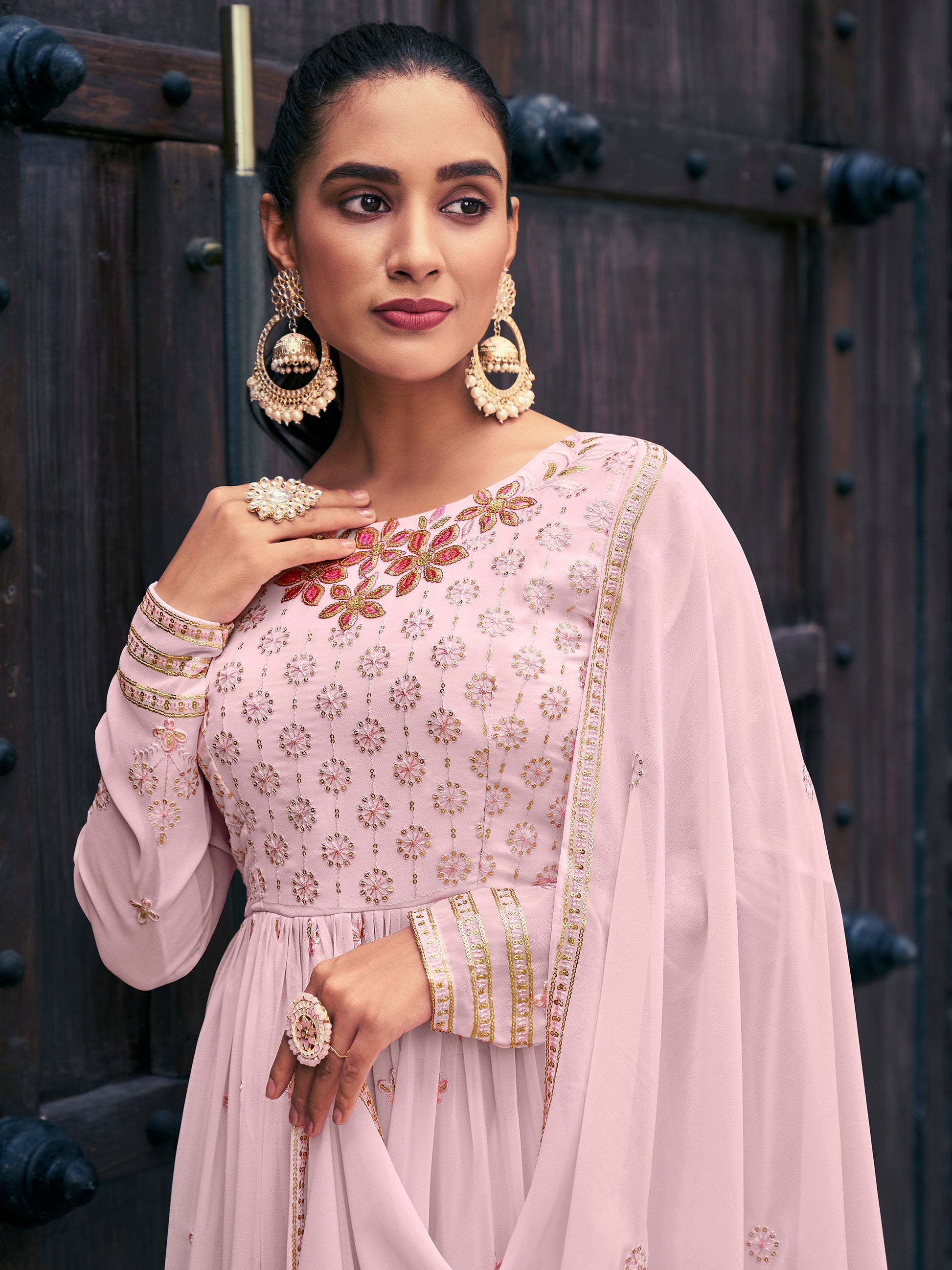 Pretty Baby Pink Embroidered Georgette Readymade Palazzo Suit