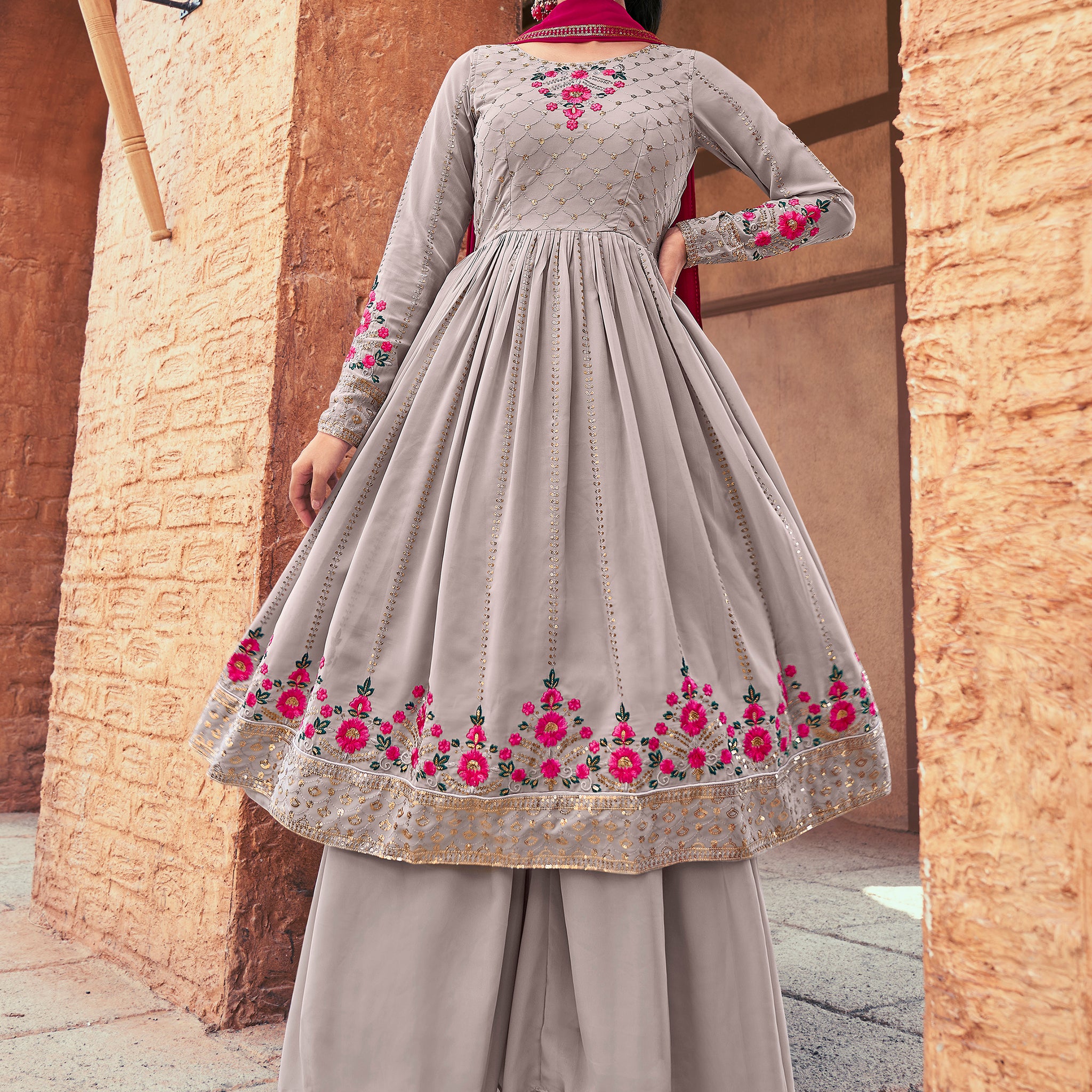 Attractive Grey Embroidered Georgette Readymade Palazzo Suit