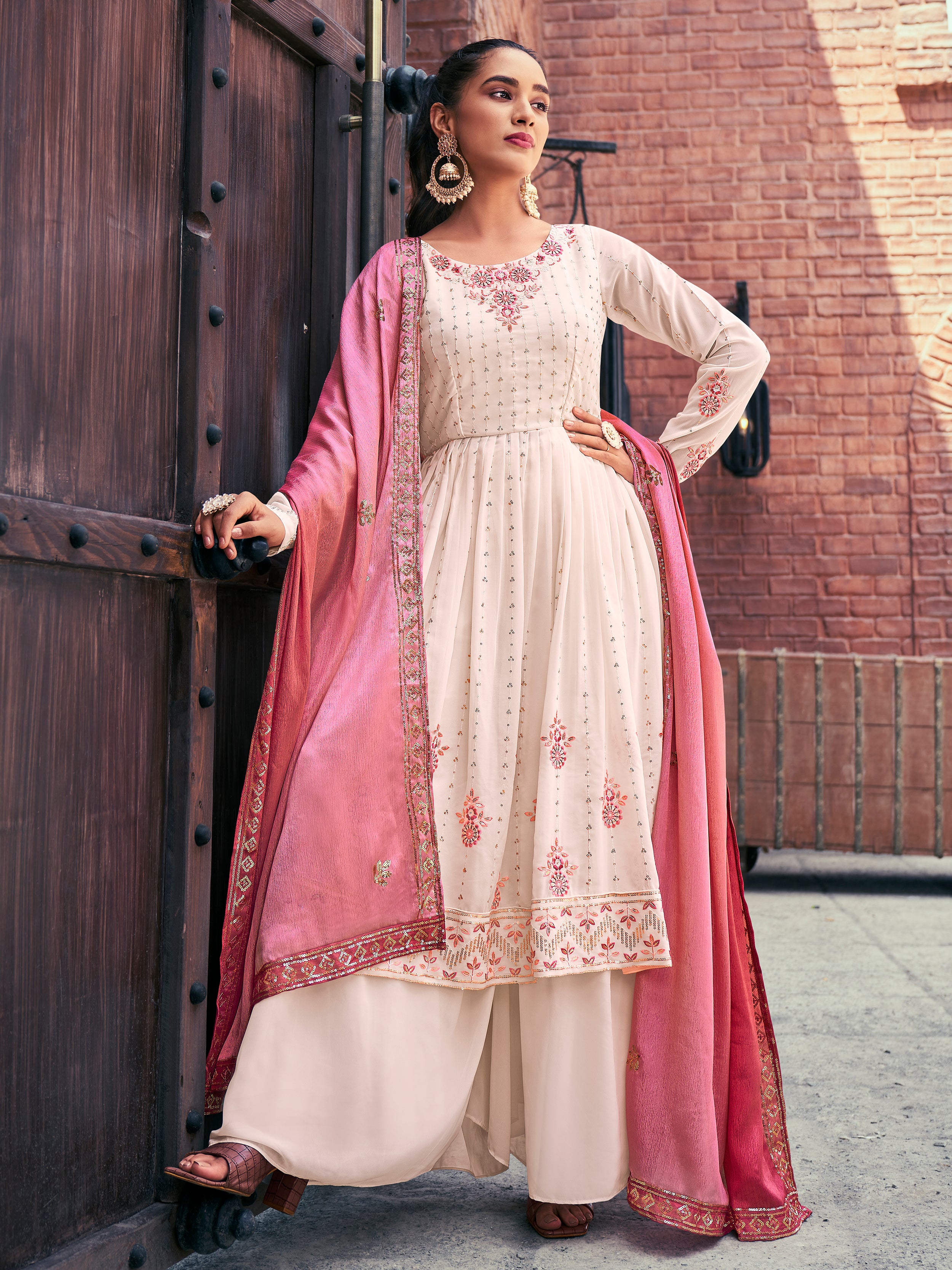 Buy Beige Embroidered Georgette Palazzo Suit From Zeel Clothing