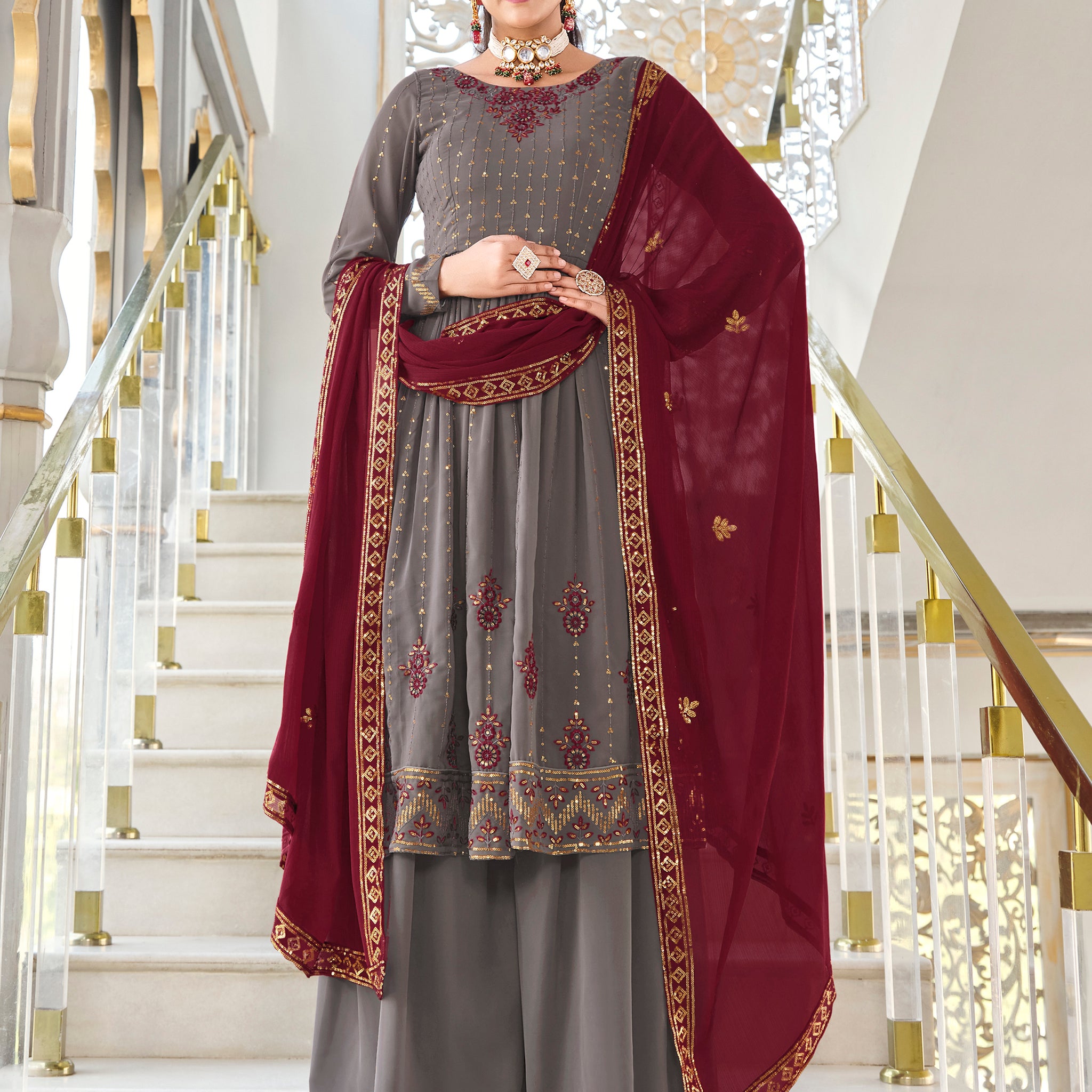 Magnetic Grey Sequins Georgette Wedding Wear Salwar Kameez