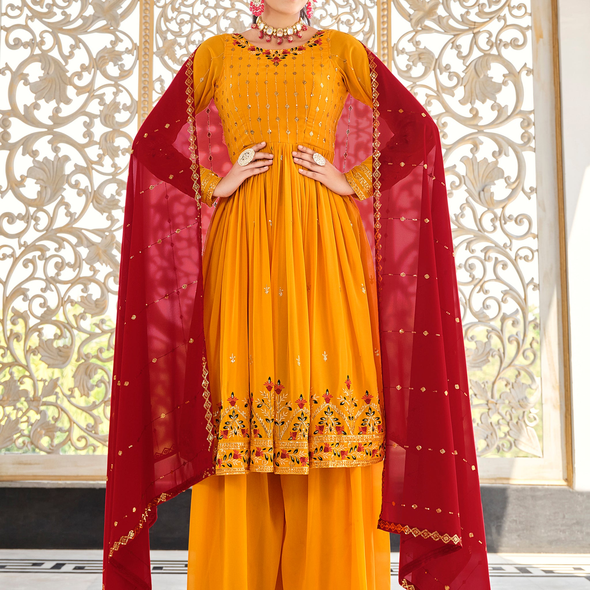 Lovely Mustard Sequins Georgette Traditional Salwar Kameez