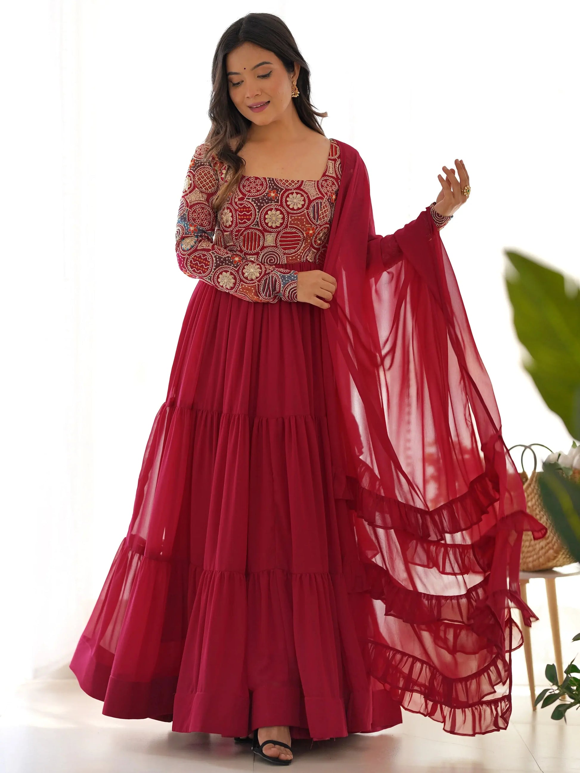 Marvelous Maroon Thread Work Georgette Wedding Wear Anarkali Gown With Dupatta