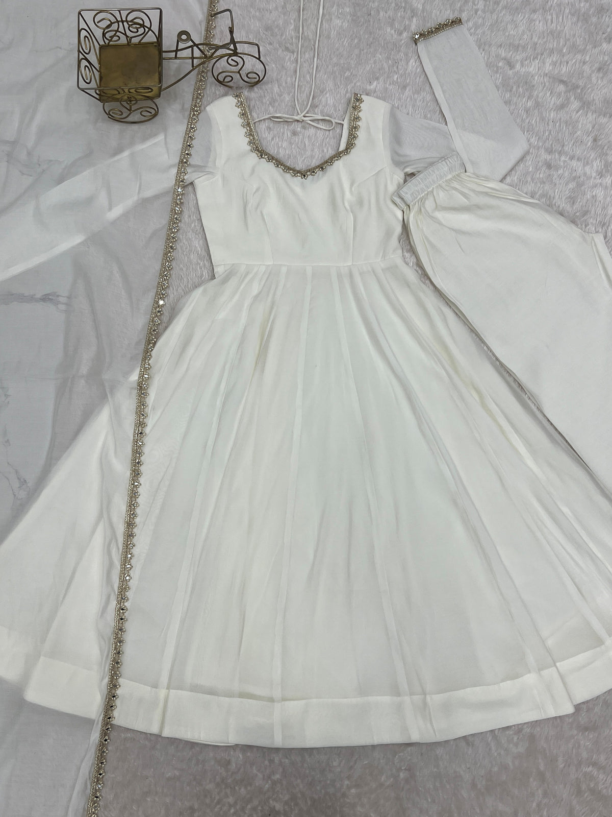 Elegant Off-White Mirror Laced Chanderi Festive Wear Anarkali Gown