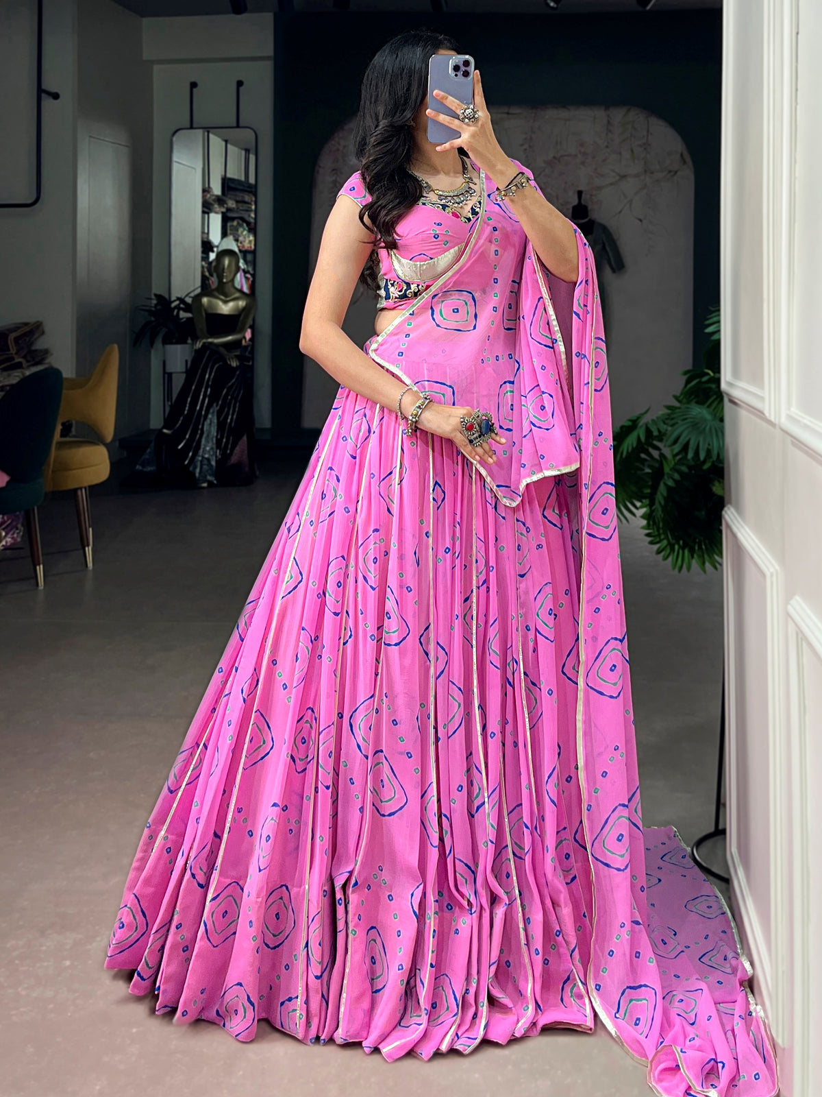 Charming Pink Bandhej Print Georgette Navratri Wear Lehenga Choli