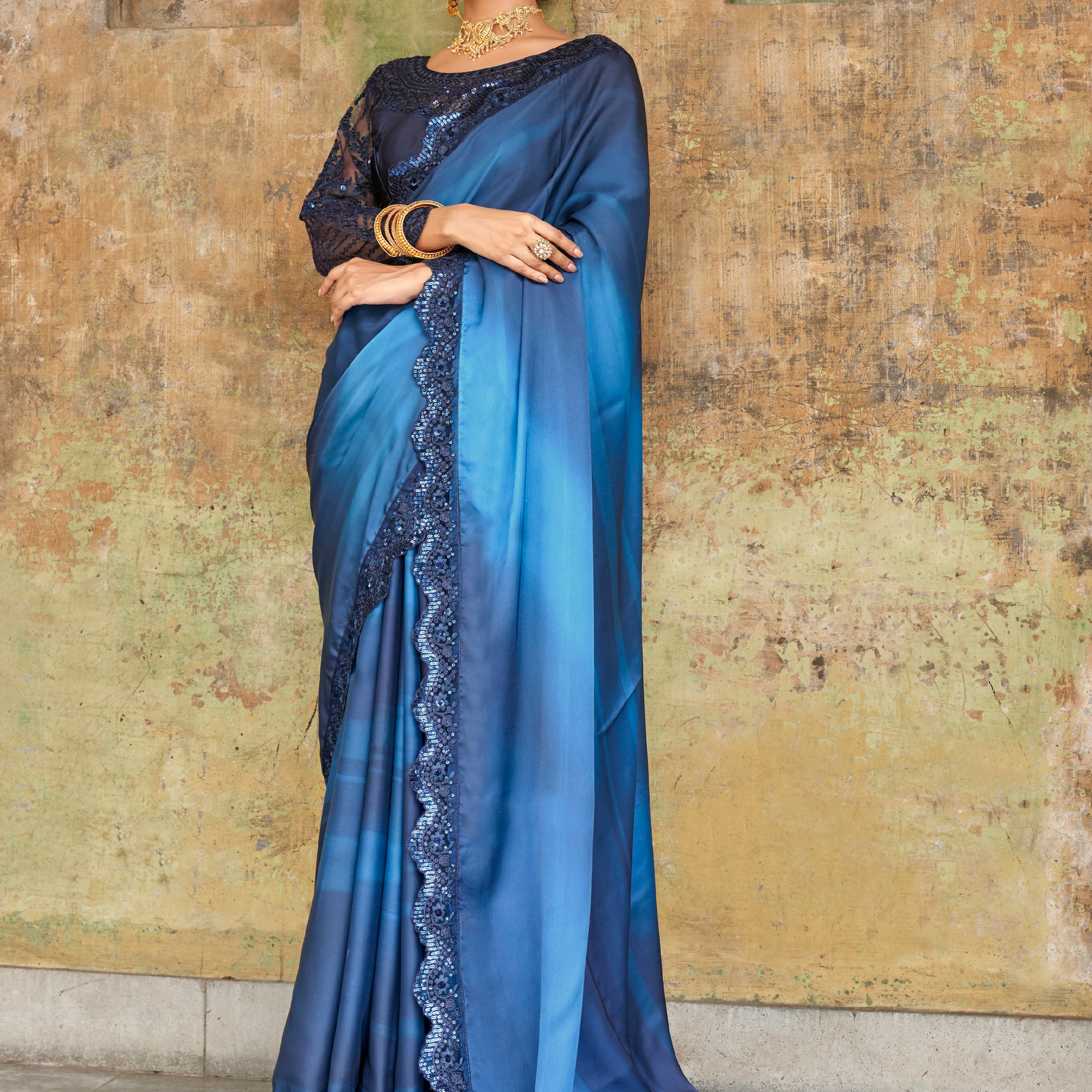 Attractive Blue Embroidered Satin Party Wear Saree With Blouse