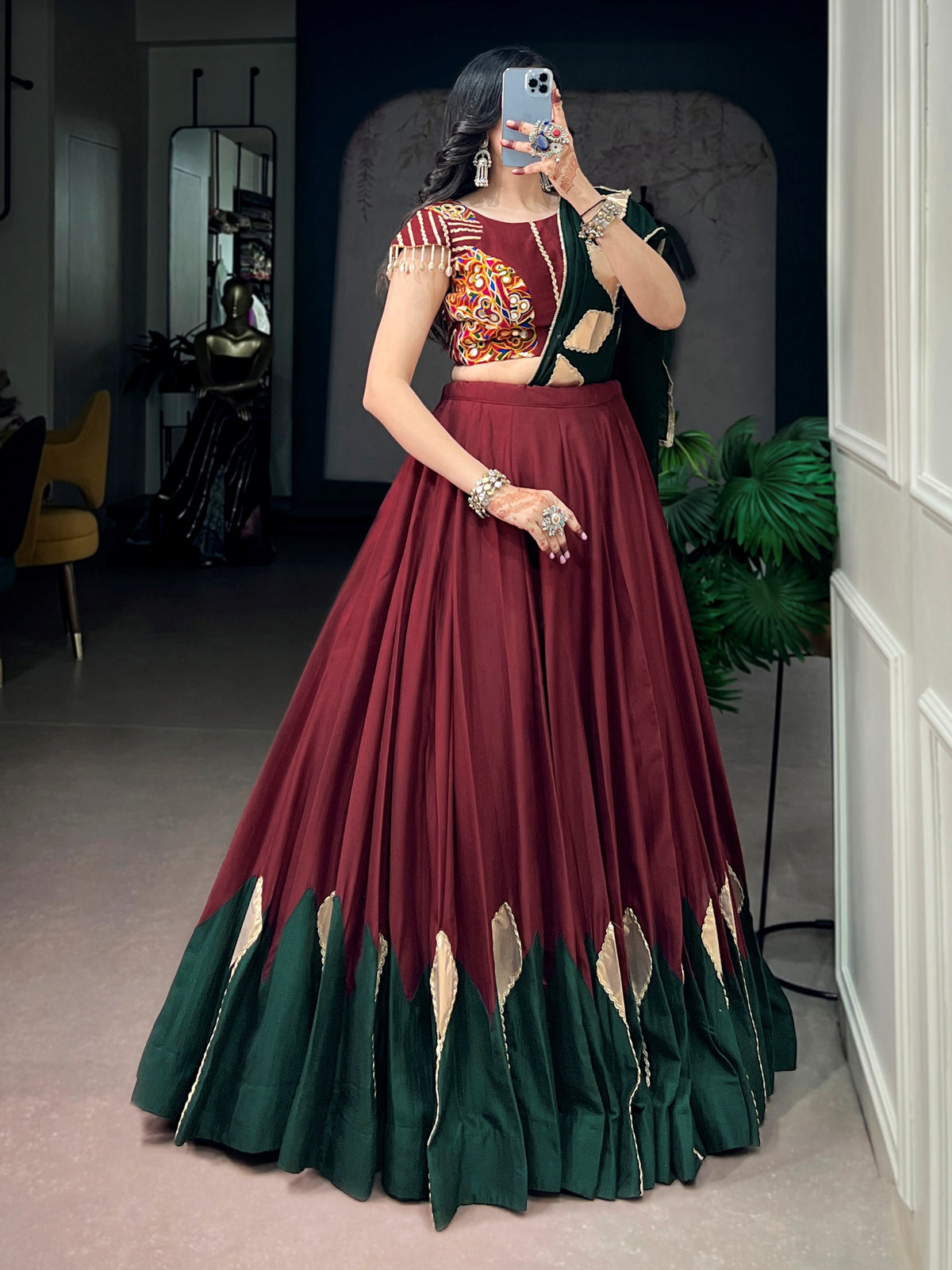 Royal Maroon Gamthi Work Chinon Navratri Wear Lehenga Choli