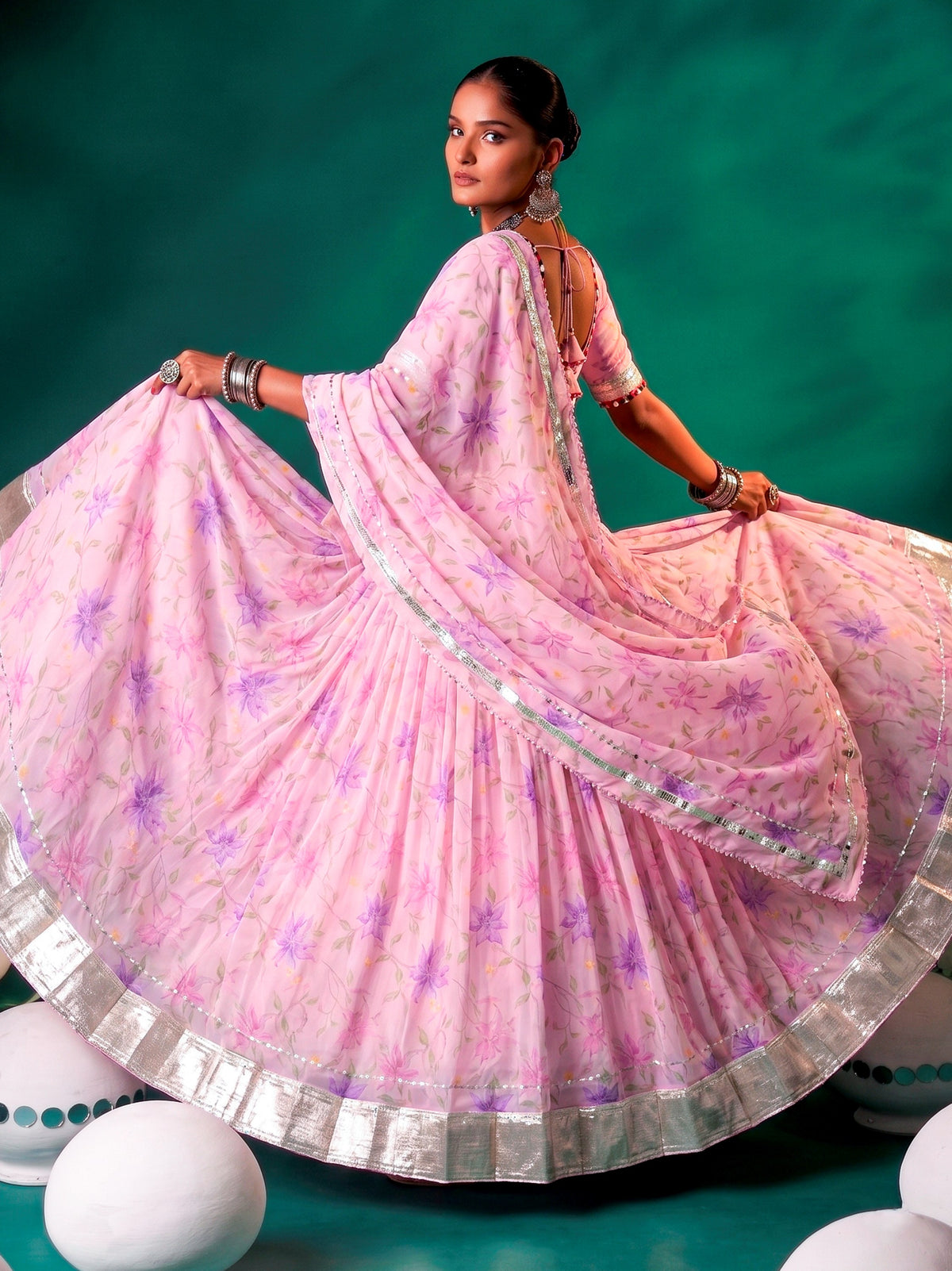 Charming Pink Floral Printed Silk Festival Wear Lehenga Choli