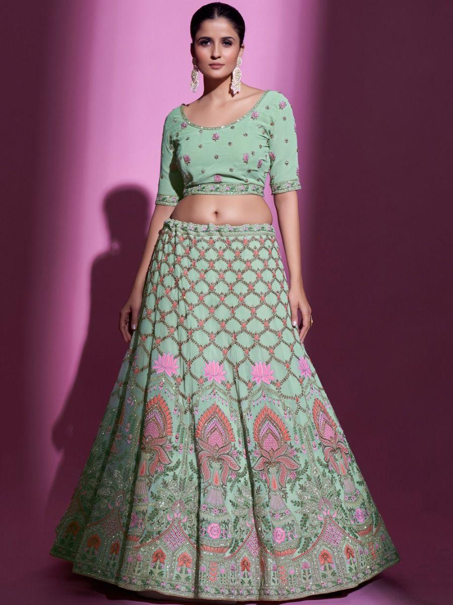Glorious Pista Green Thread Georgette Wedding Wear Lehenga Choli