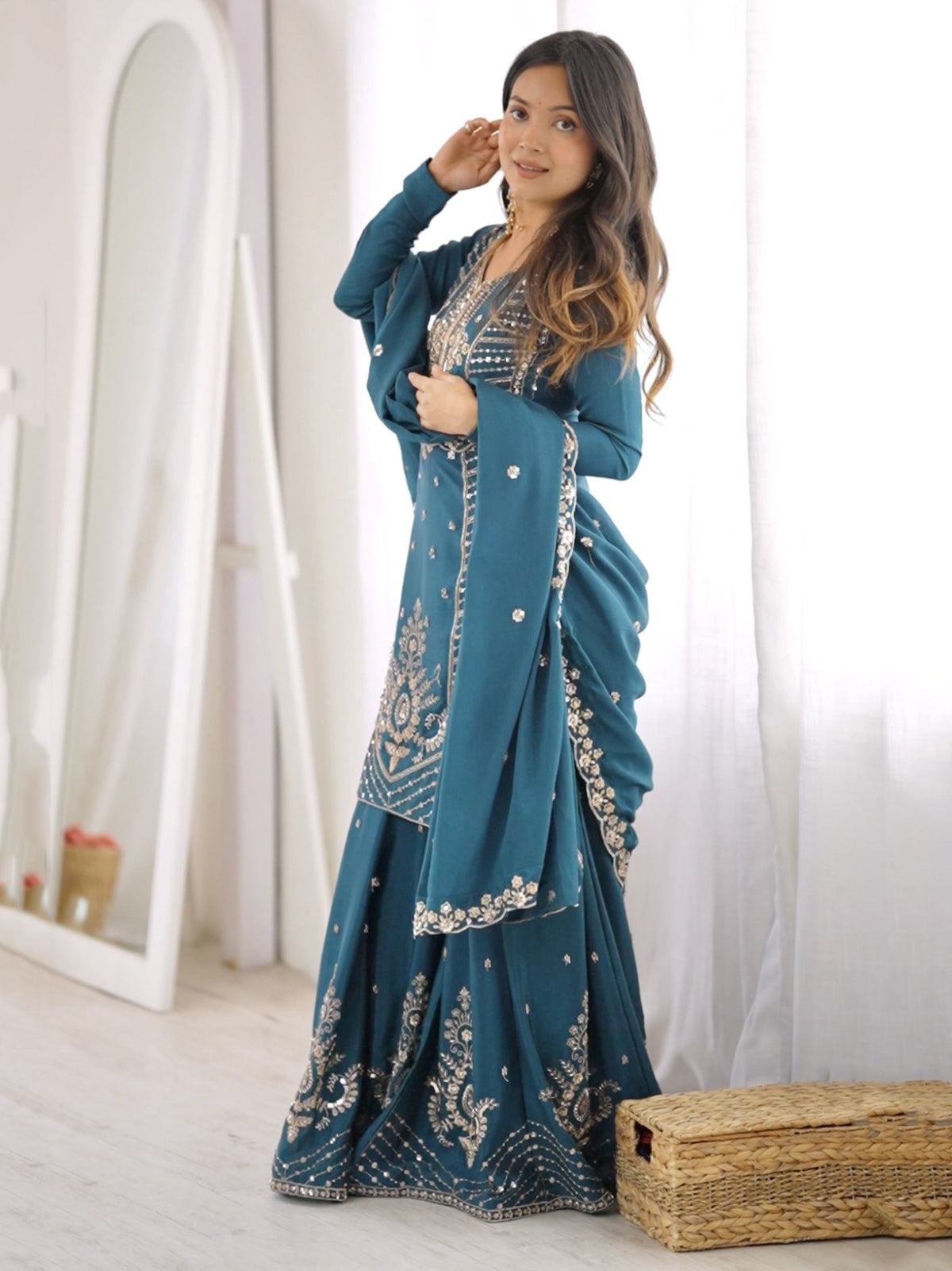 Beautiful Teal Blue Beads Work Silk Festive Wear Palazzo Suit