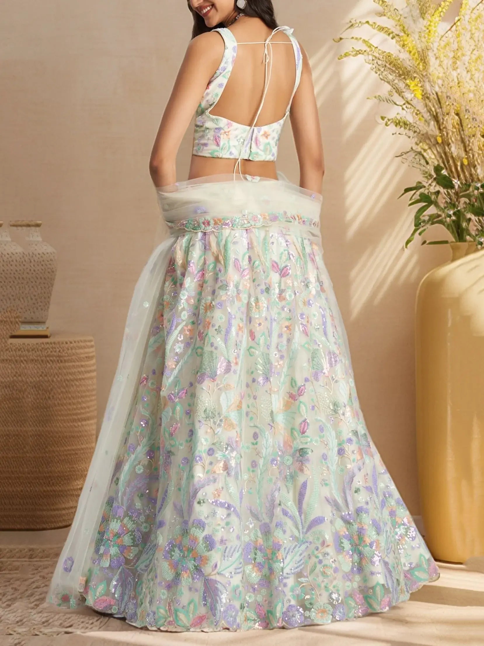 Phenomenal White Sequins Net Evening Wear Lehenga Choli With Dupatta