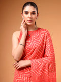 Attractive Coral Red Printed Satin Party Wear Saree With Blouse