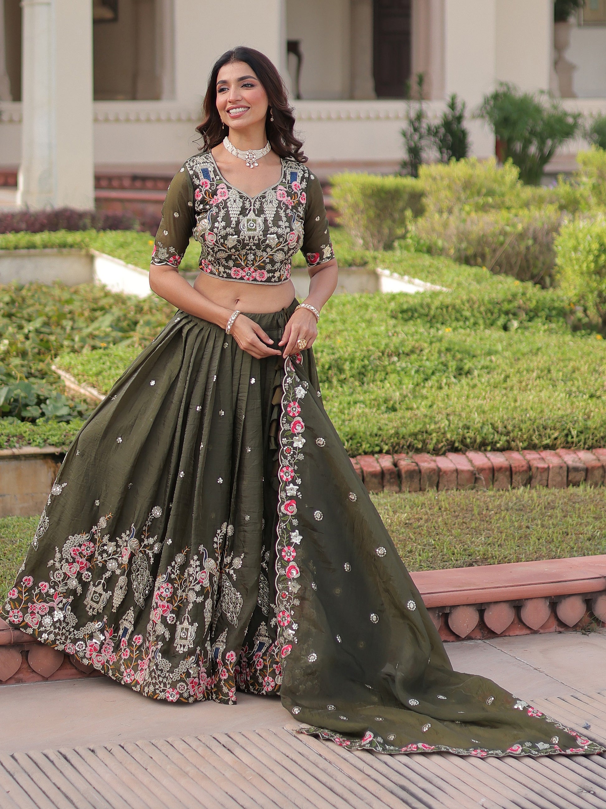 Attractive Olive Green Sequins Crushed Mehendi Wear Lehenga Choli