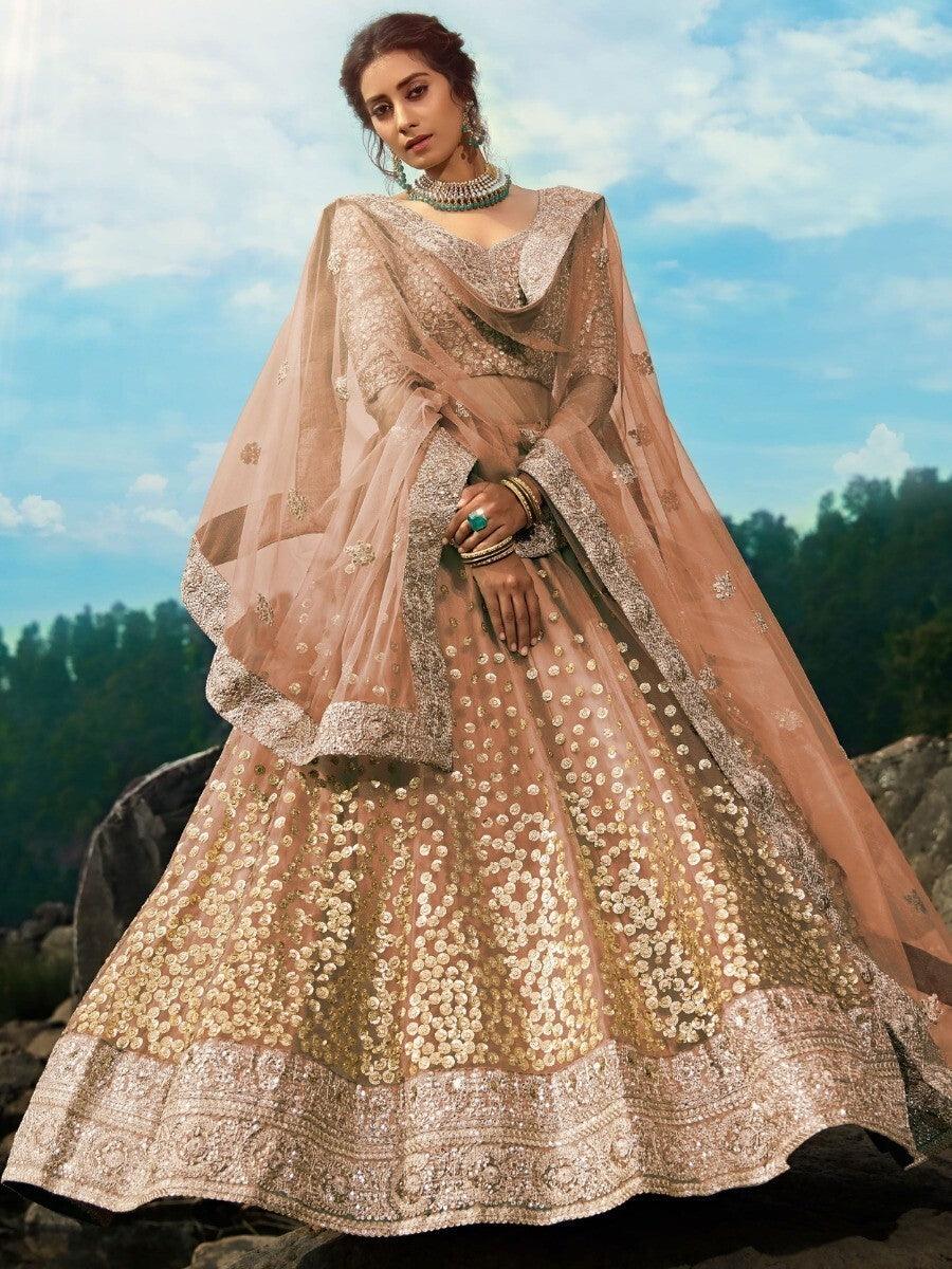 Alluring Brown Zari Worked Net Engagement Wear Lehenga Choli