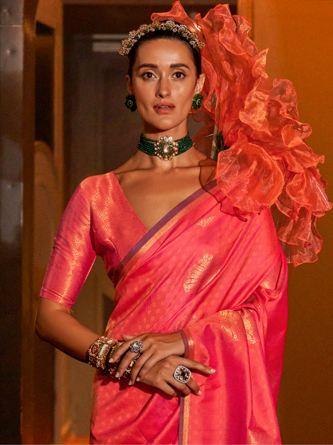 Adorable Pink Zari Weaving Silk Event Wear Saree With Blouse