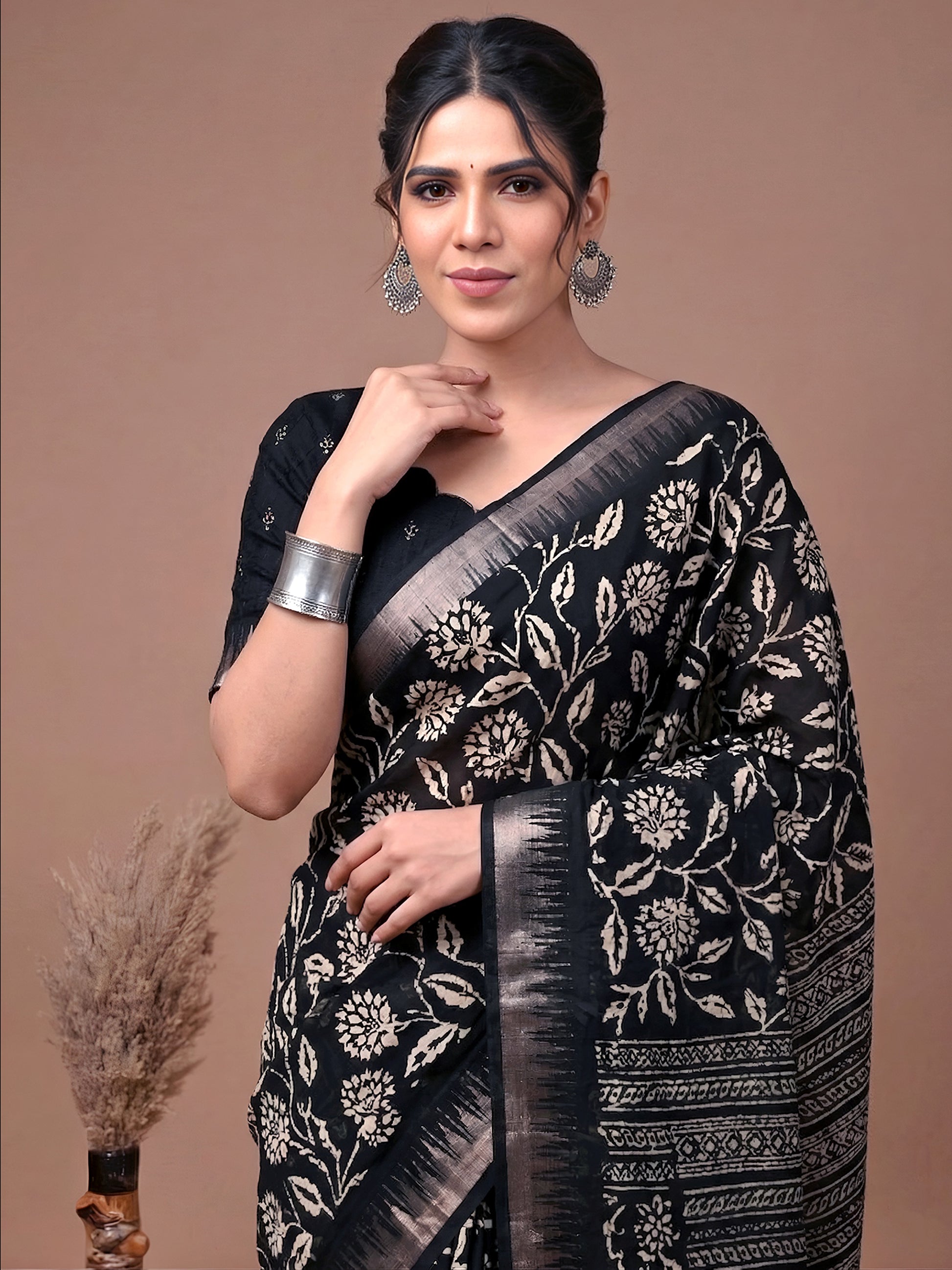 Wonderful Black Floral Printed Silk Casual Wear Saree With Blouse
