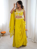 Rich Yellow Sequins Crepe Indo-Western Drape Lehenga Set With Shrug