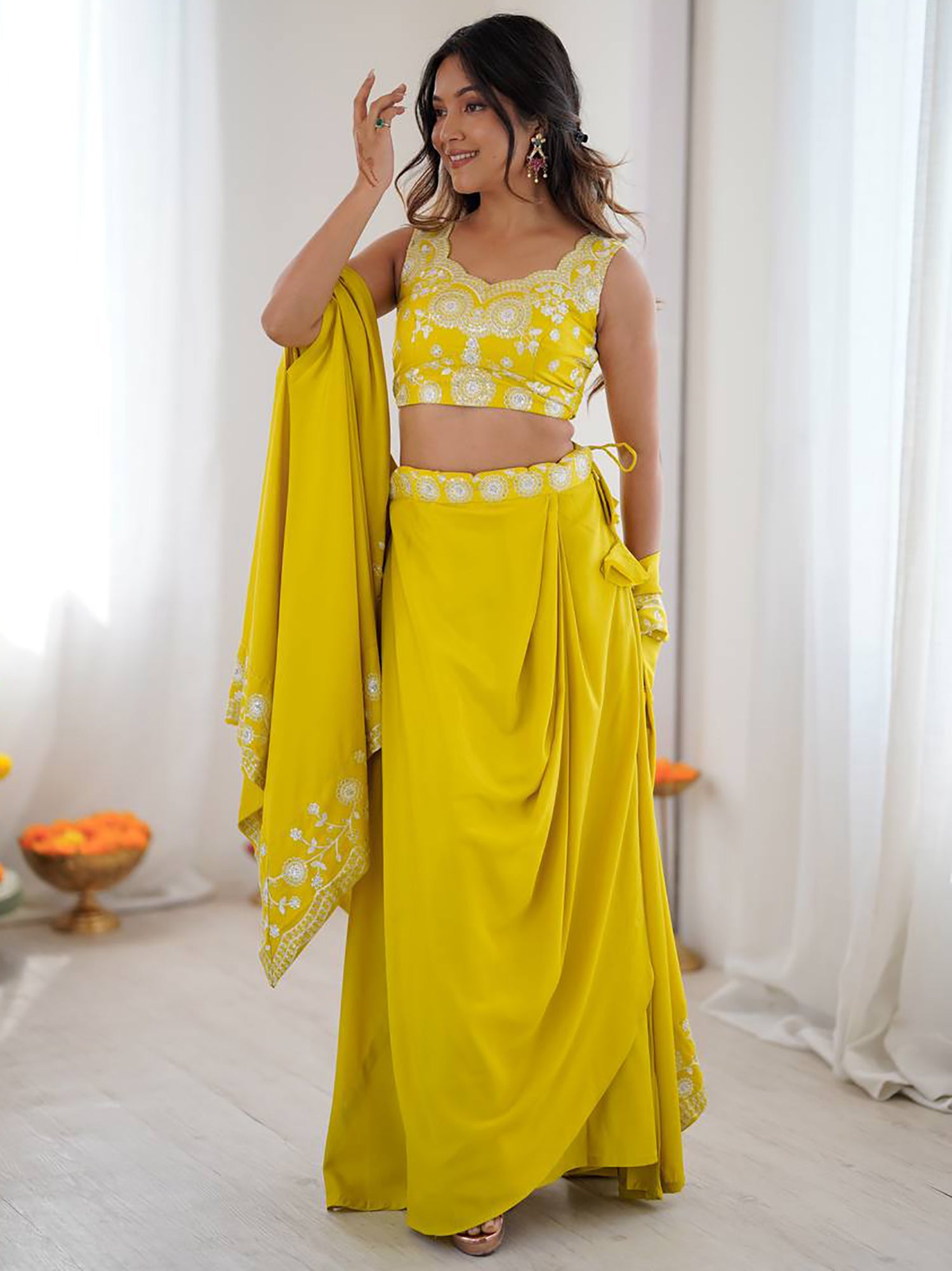 Rich Yellow Sequins Crepe Indo-Western Drape Lehenga Set With Shrug