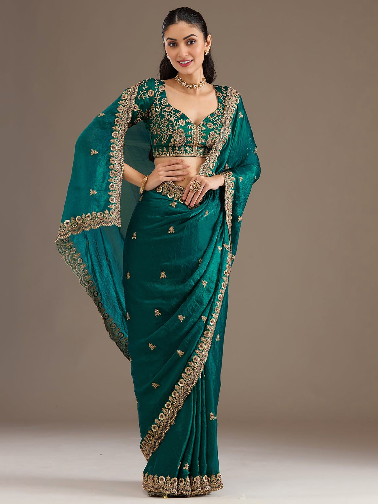 Graceful Teal Green Sequins Work Tissue Engagement Wear Saree With Blouse