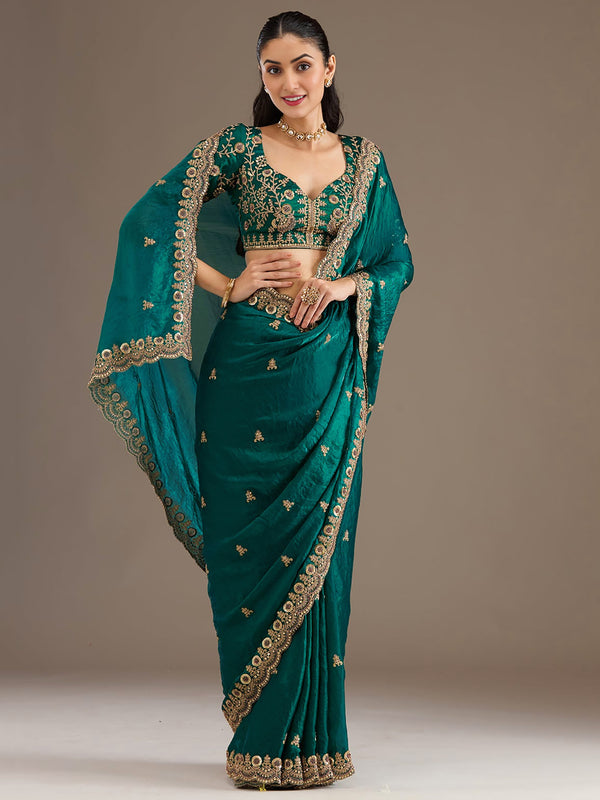 Graceful Teal Green Sequins Work Tissue Engagement Wear Saree With Blouse