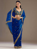 Rich Royal Blue Embroidered Tissue Designer Saree With Blouse