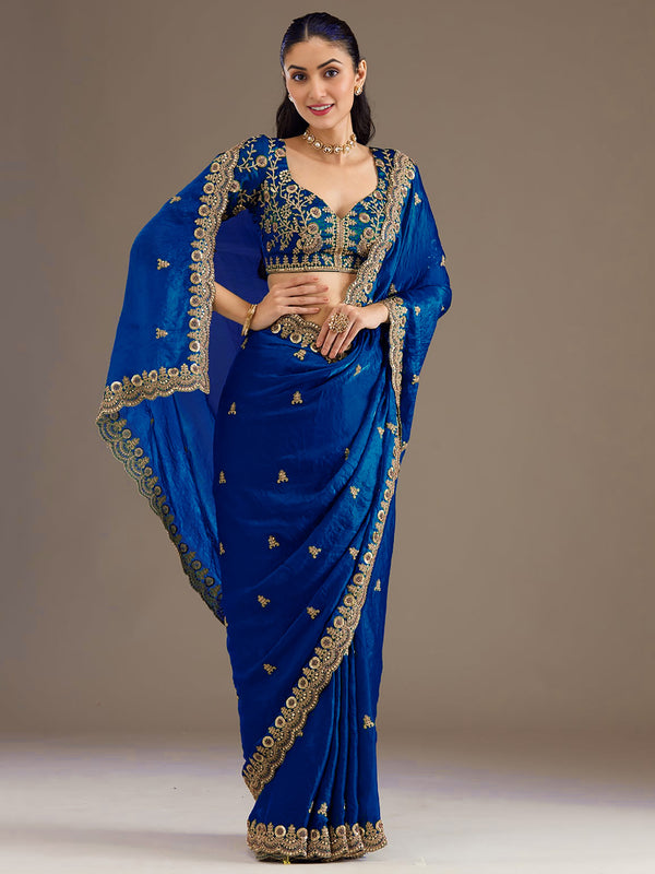 Rich Royal Blue Embroidered Tissue Designer Saree With Blouse