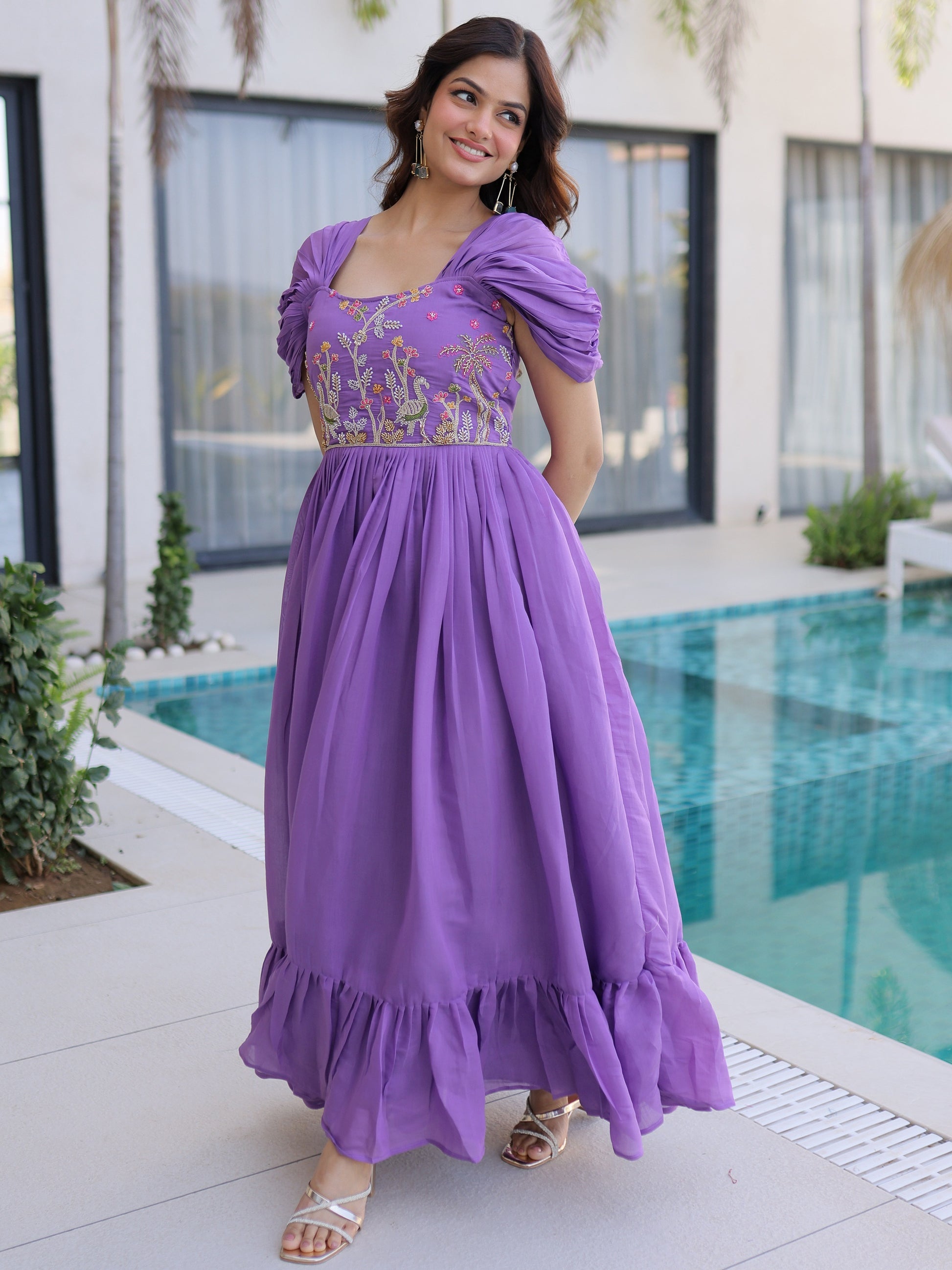 Fantastic Purple Beads Work Chanderi Party Wear Dress 