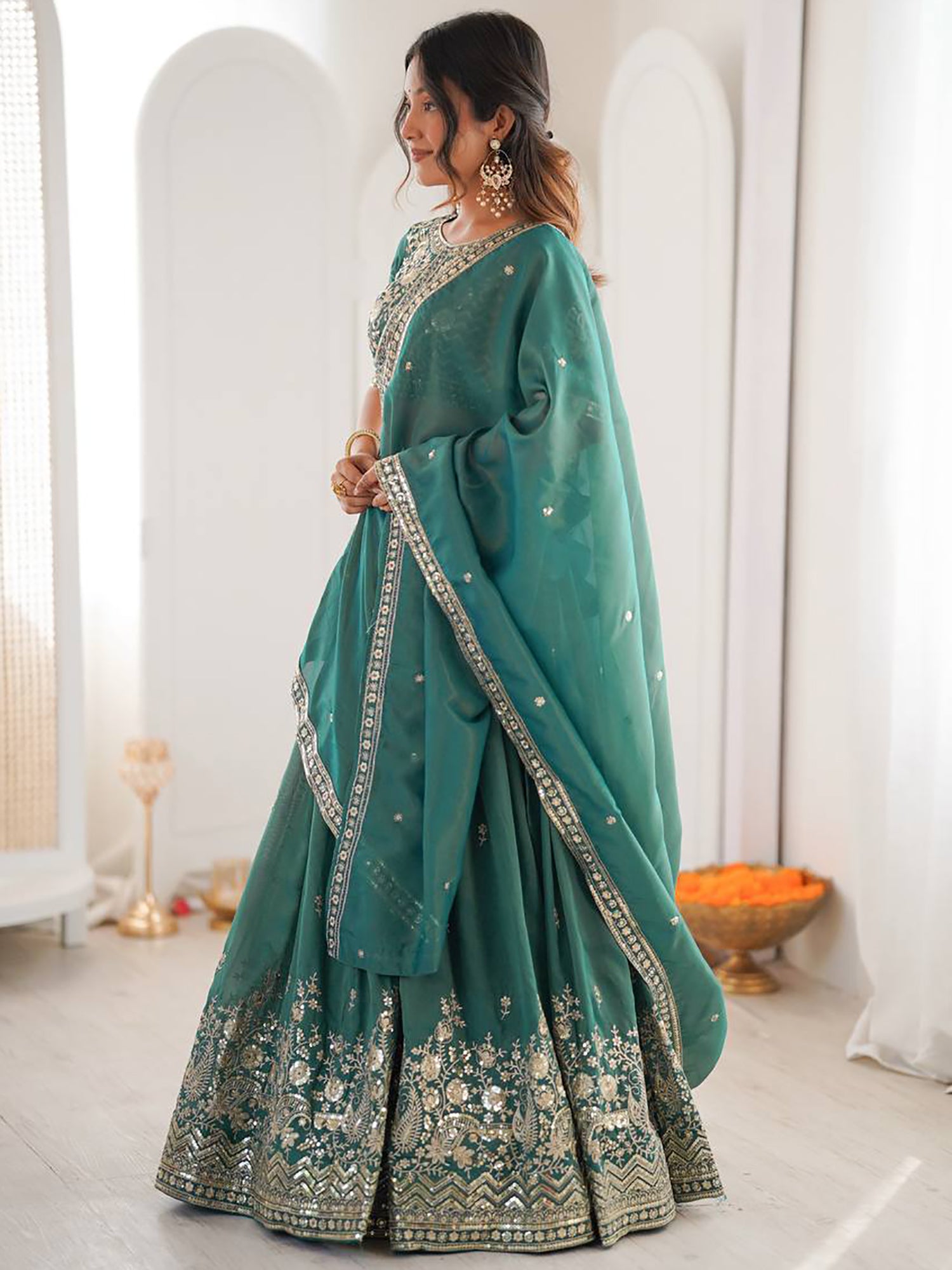 Enchanting Sea Green Sequins Silk Wedding Lehenga Choli With Dupatta