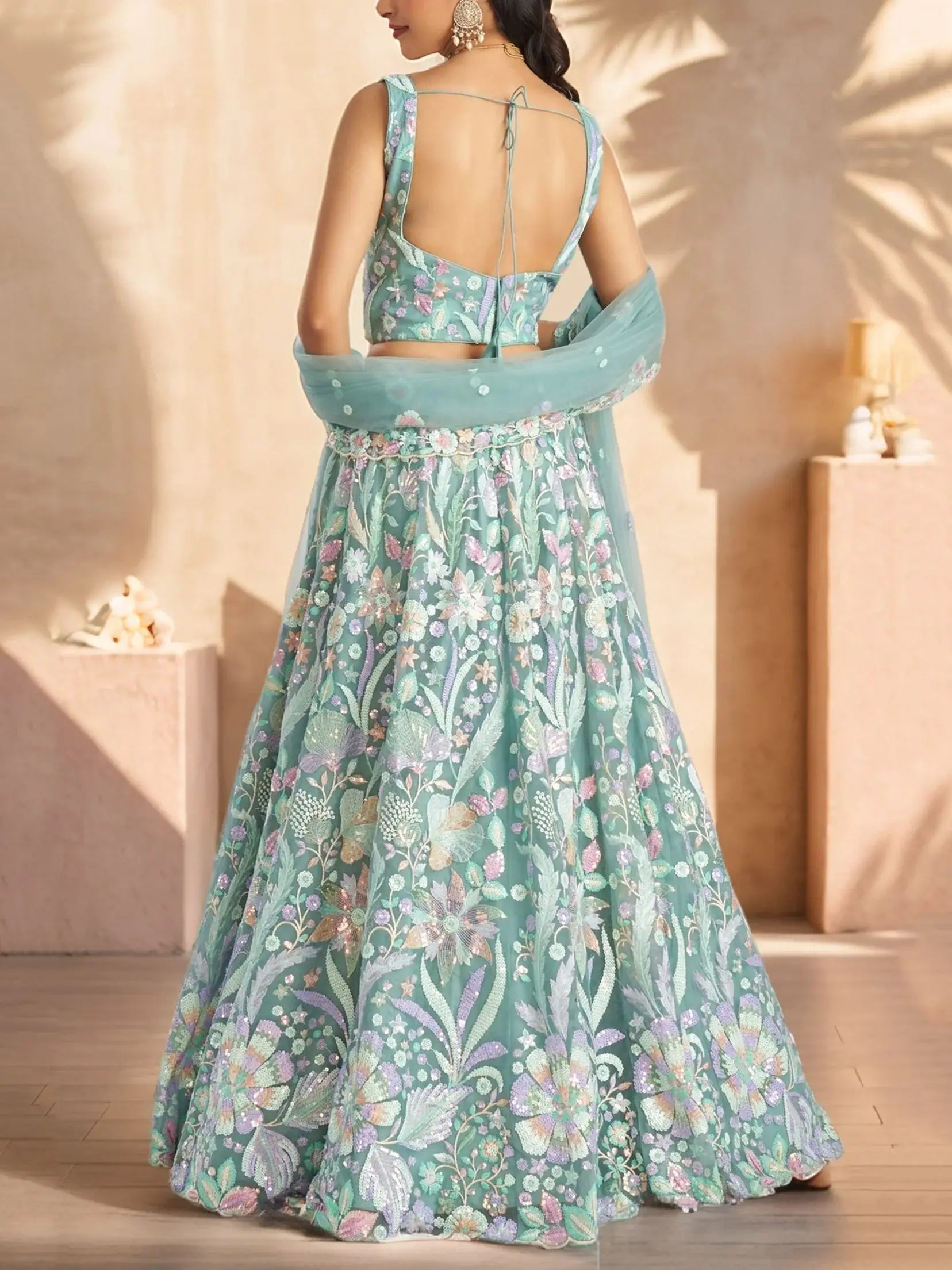 Lovely Sky Blue Sequins Work Net Bridesmaid Lehenga Choli With Dupatta