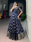 Marvelous Navy Blue Zari Weaving Cotton Festive Wear Gown