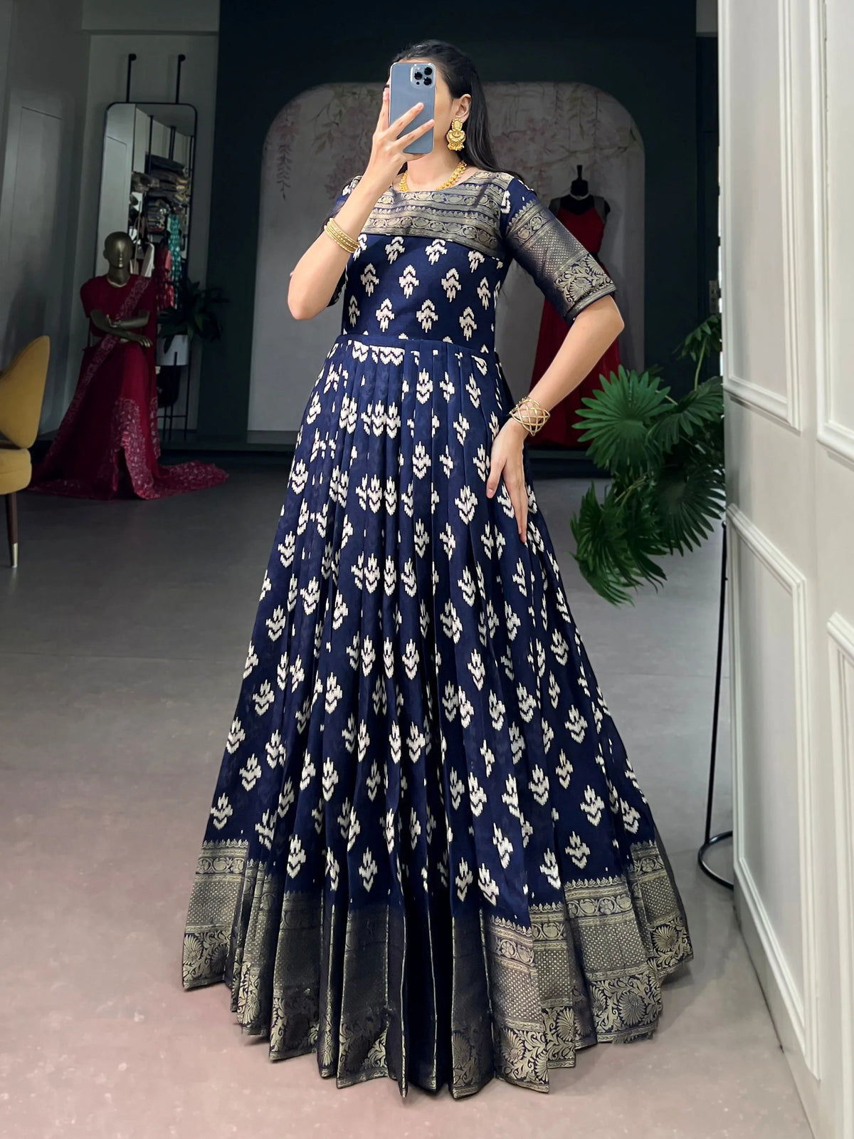 Marvelous Navy Blue Zari Weaving Cotton Festive Wear Gown