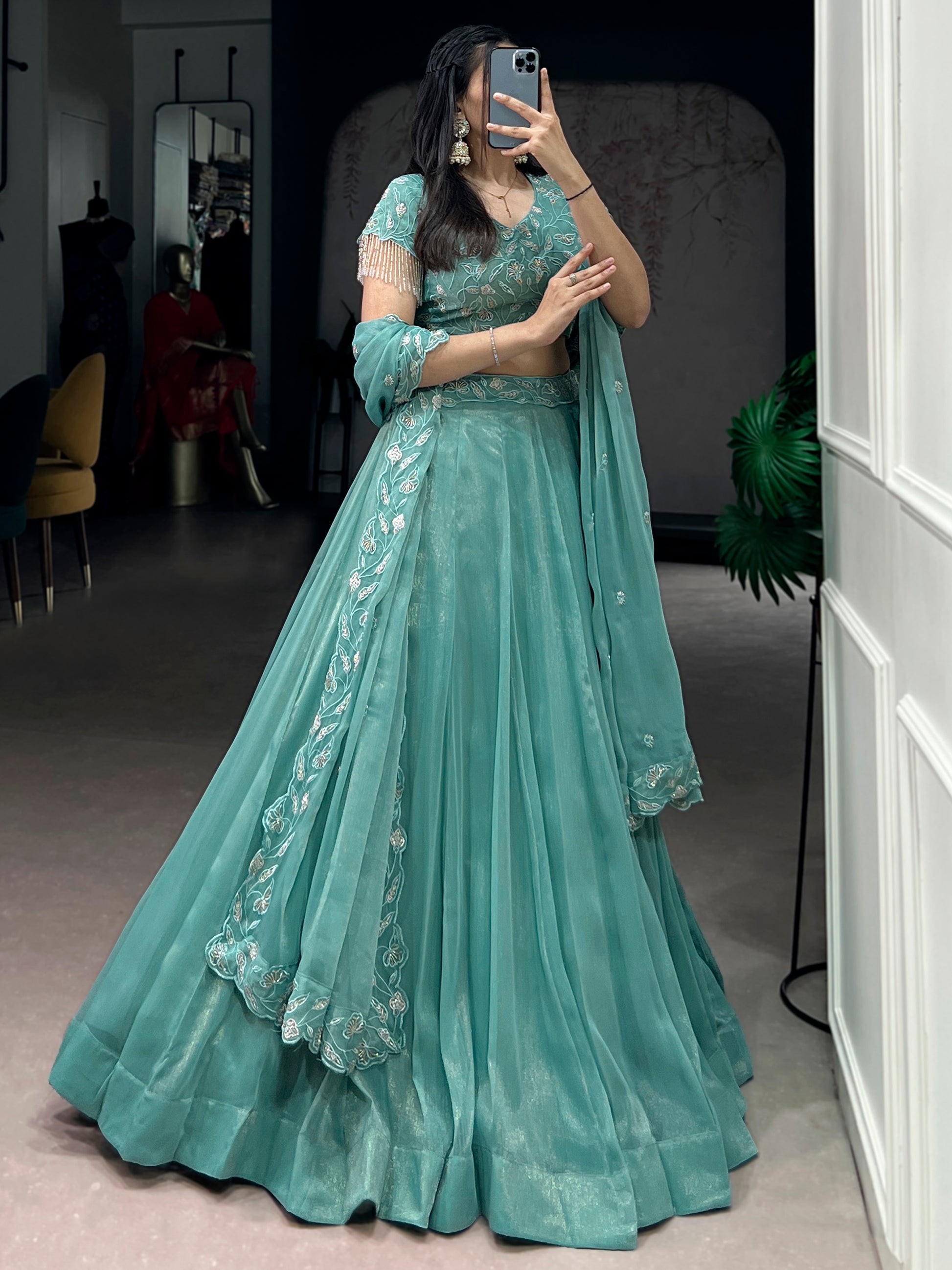 Gorgeous Sky-Blue Organza Party Wear Lehenga With Embroidered Choli