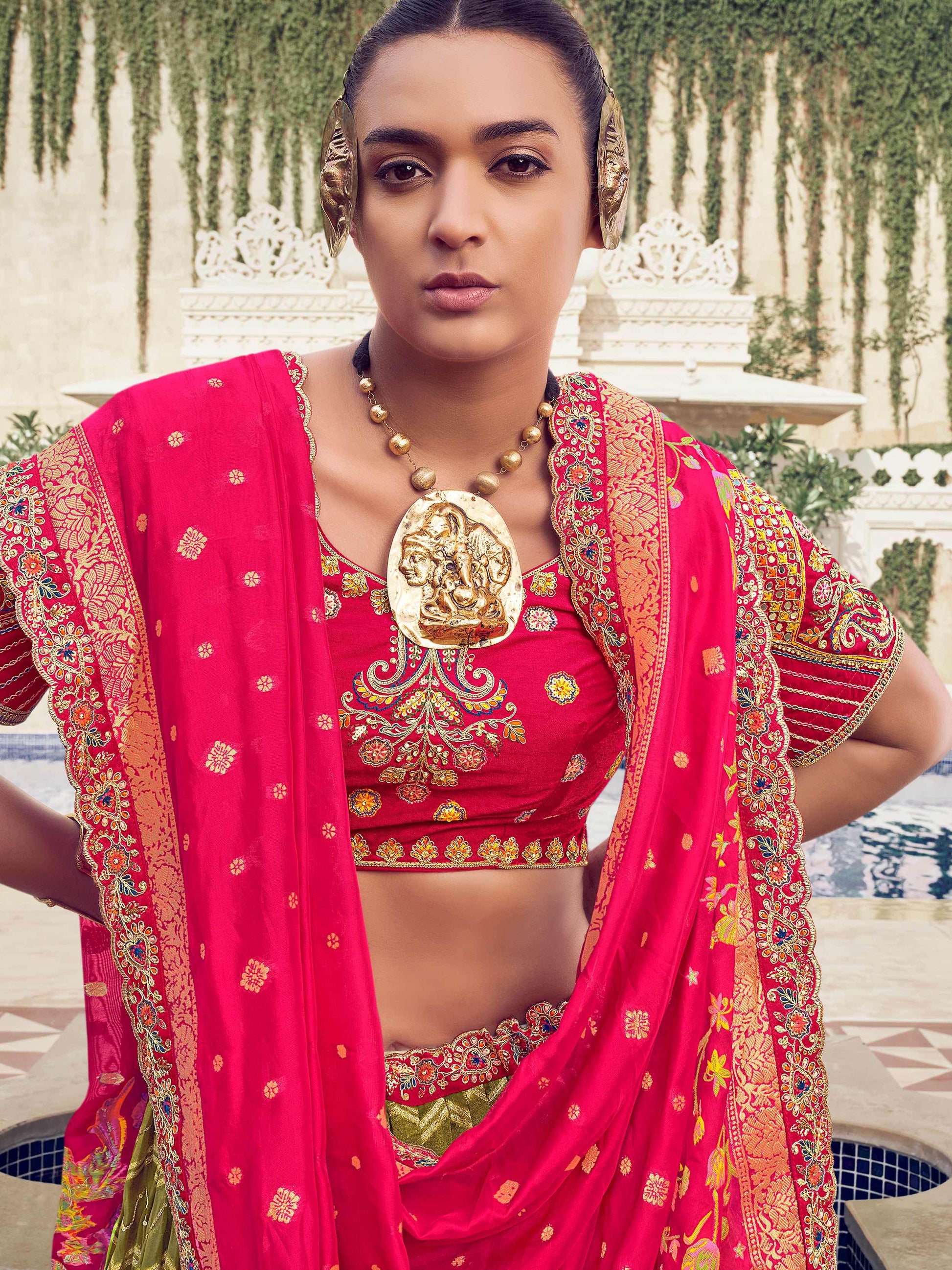 Grand Olive Green Embroidered Organza Function Wear Lehenga With Blouse