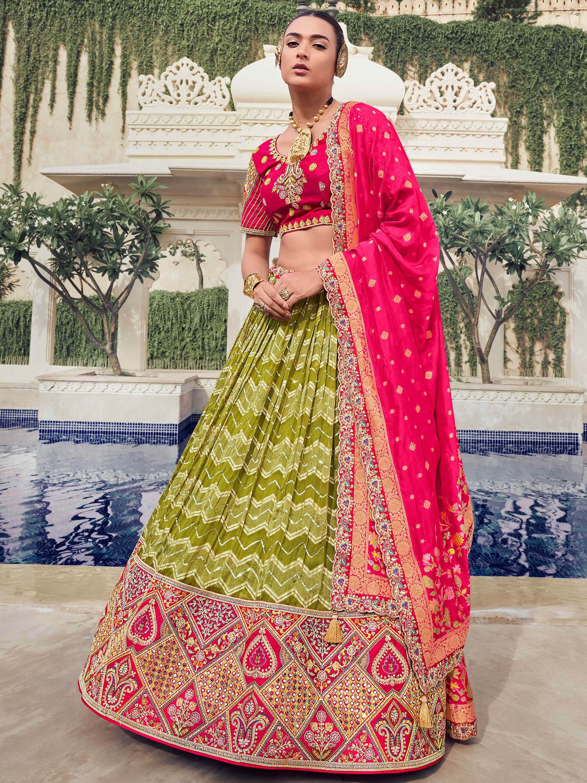 Grand Olive Green Embroidered Organza Function Wear Lehenga With Blouse
