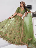 Pretty Olive Green Dori Work Banarasi Silk Mehendi Wear Lehenga With Blouse