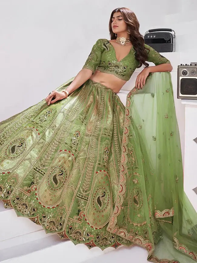 Pretty Olive Green Dori Work Banarasi Silk Mehendi Wear Lehenga With Blouse